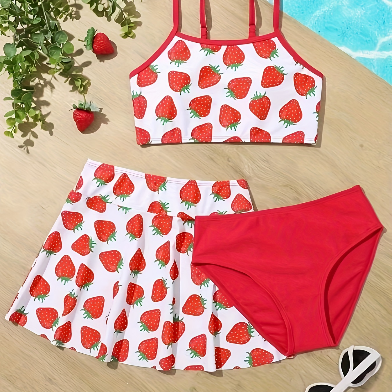 

Strawberry Print Girl's 3-piece Swimsuit, Sling Top + Brief + Swim Skirt Set Bathing Suit Swimwear For Pool Beach Holiday