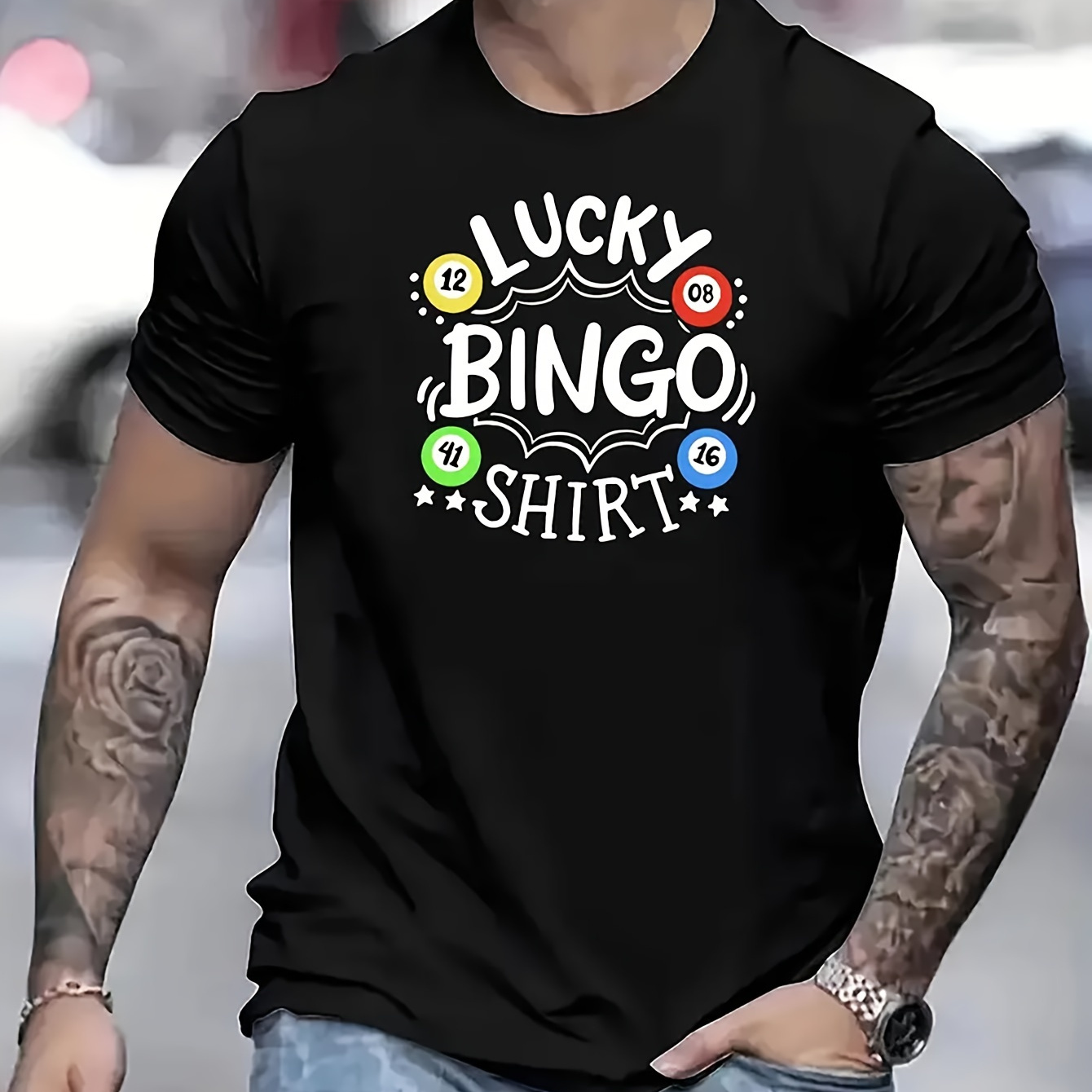 

bingo"-summer Men's T-shirt Short Sleeve Colorful Printed Pattern, Comfortable And Breathable Sports Top