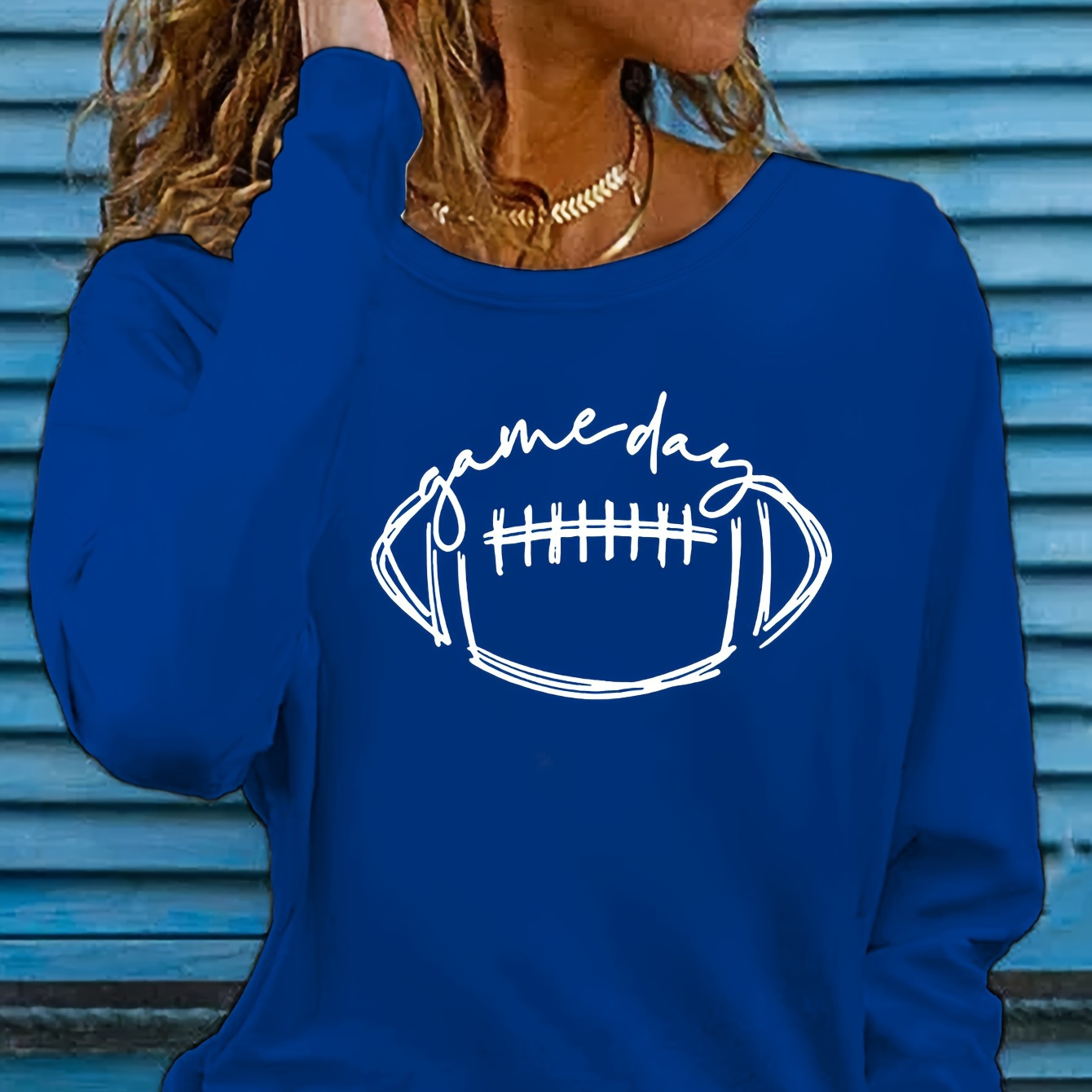 

Football Print T-shirt, Long Sleeve Crew Neck Casual Top For Spring & Fall, Women's Clothing