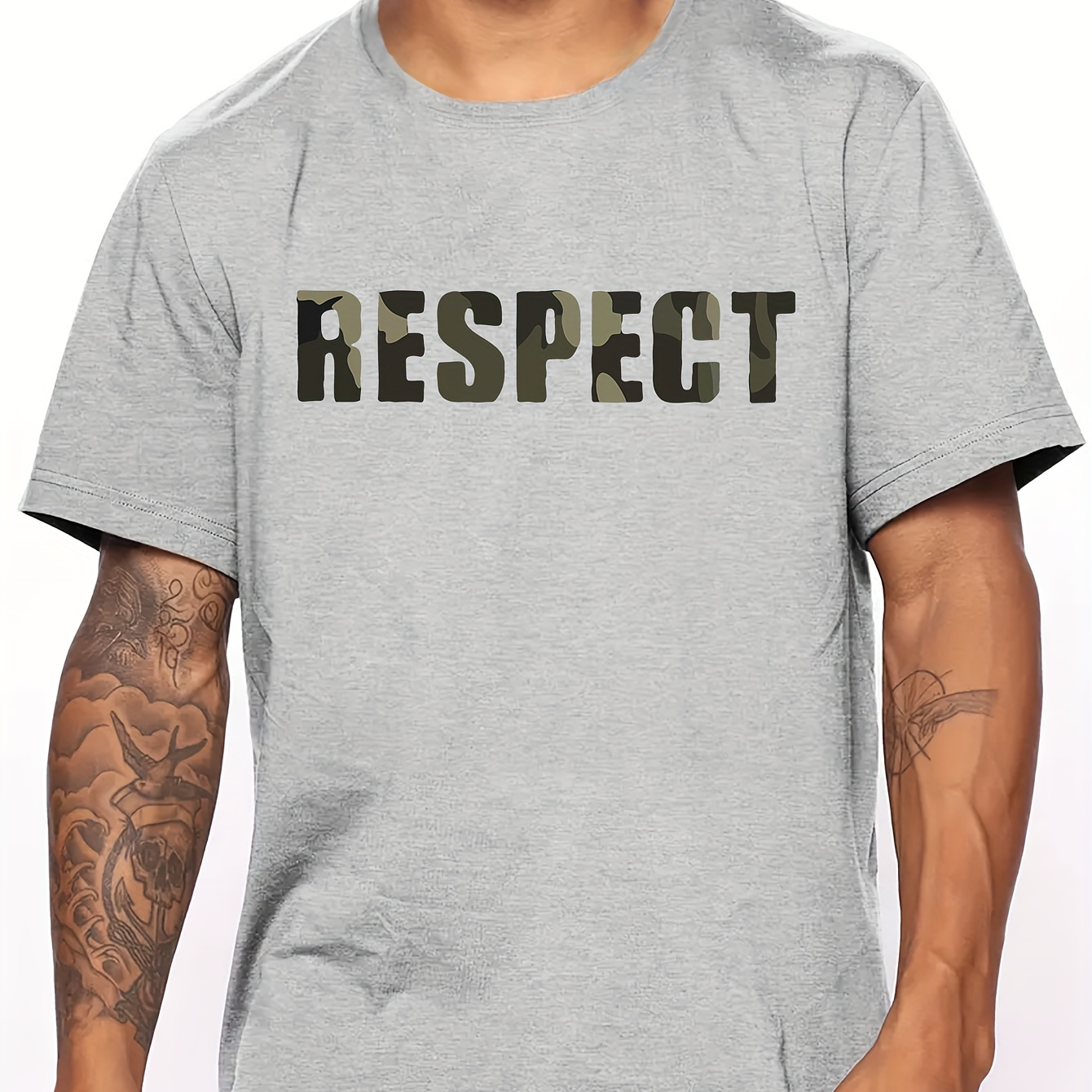 

Men's Casual Cotton Short-sleeved T-shirt, Spring And Summer " Respect" Print Top, Comfortable Round Neck Tee, Regular Fit, Versatile Fashion For Everyday Wear