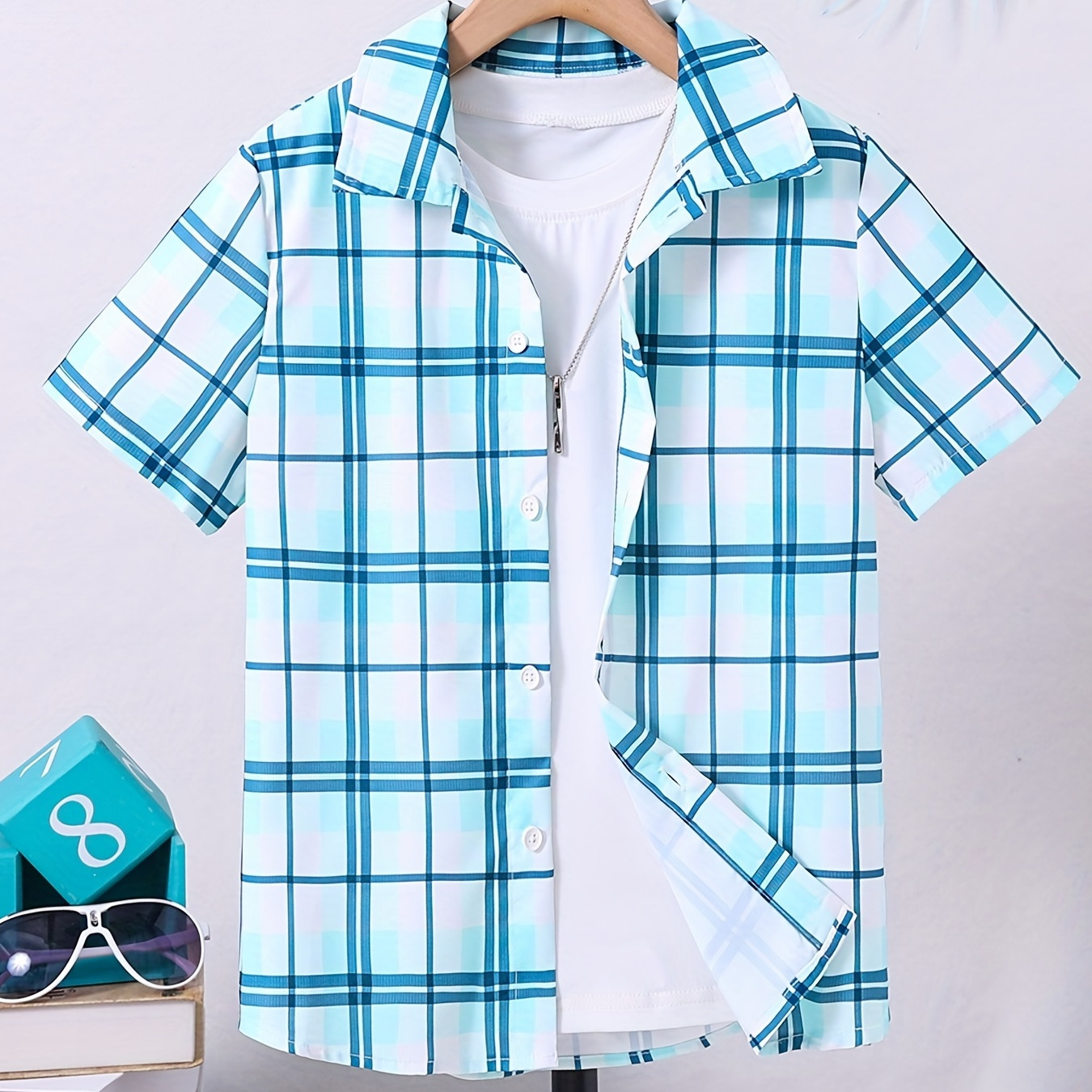 Boys Plaid Creative Top Casual Short Sleeve Lapel Shirt Boys Clothes For Summer Outdoor