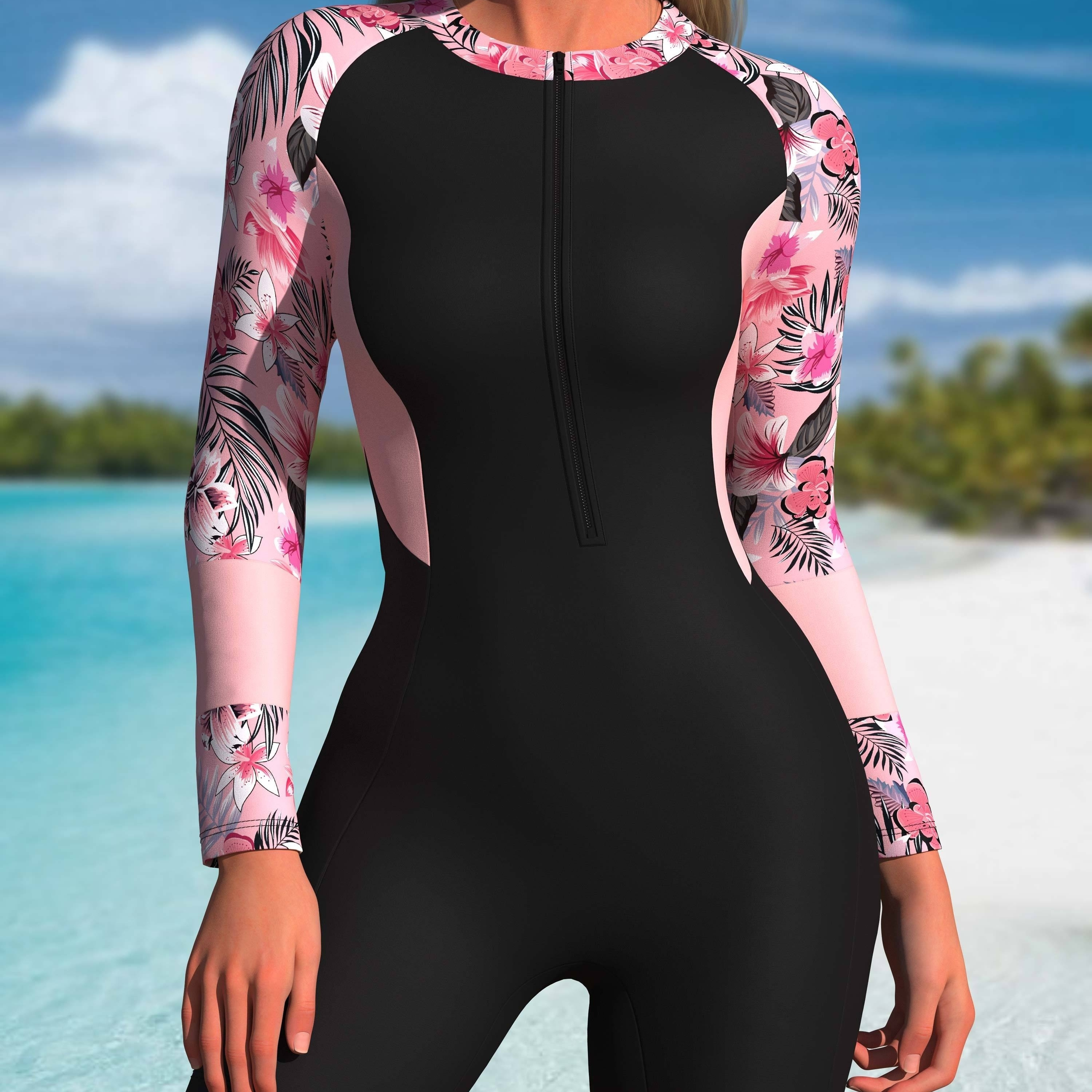 

Women's Floral -piece Swimsuit - Sporty Black With , Long Sleeves, Zipper Front, High-stretch Polyester Fabric, Machine Washable, High Waisted Swimsuit