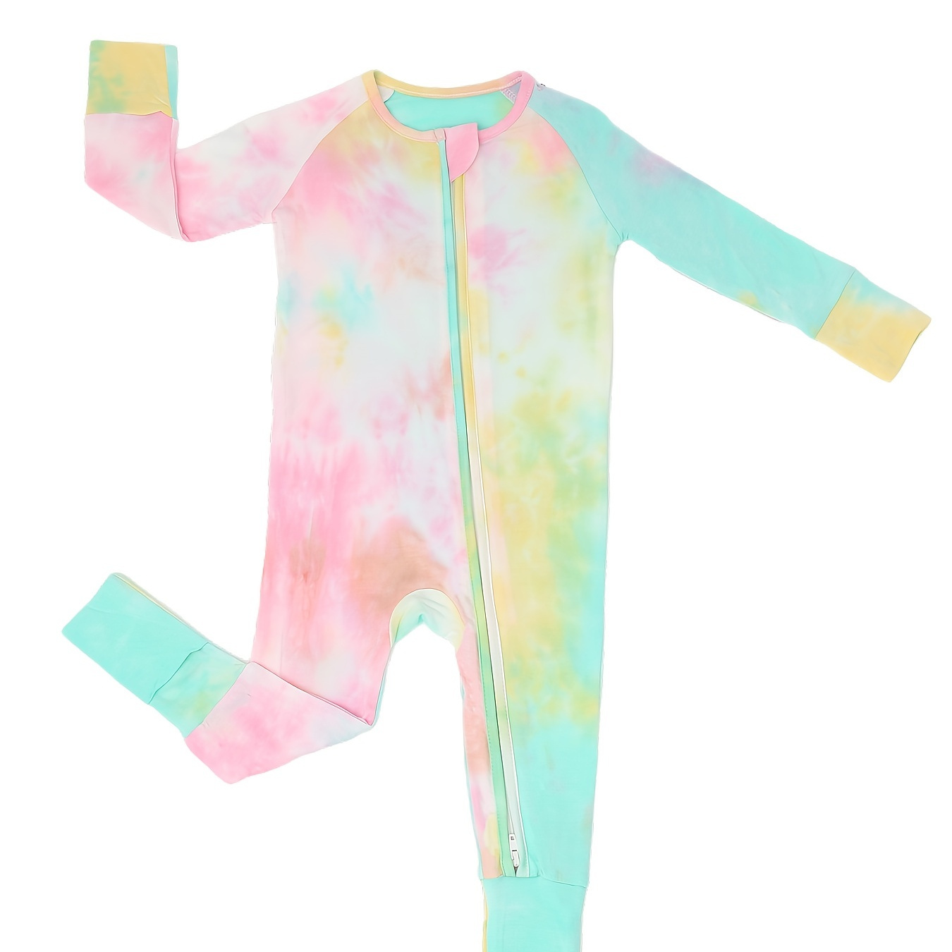 Bamboo Fiber Fabric Tie-dye Zip Up Comfy Jumpsuit With Foldable Foot Cover, Infant Baby Casual Romper