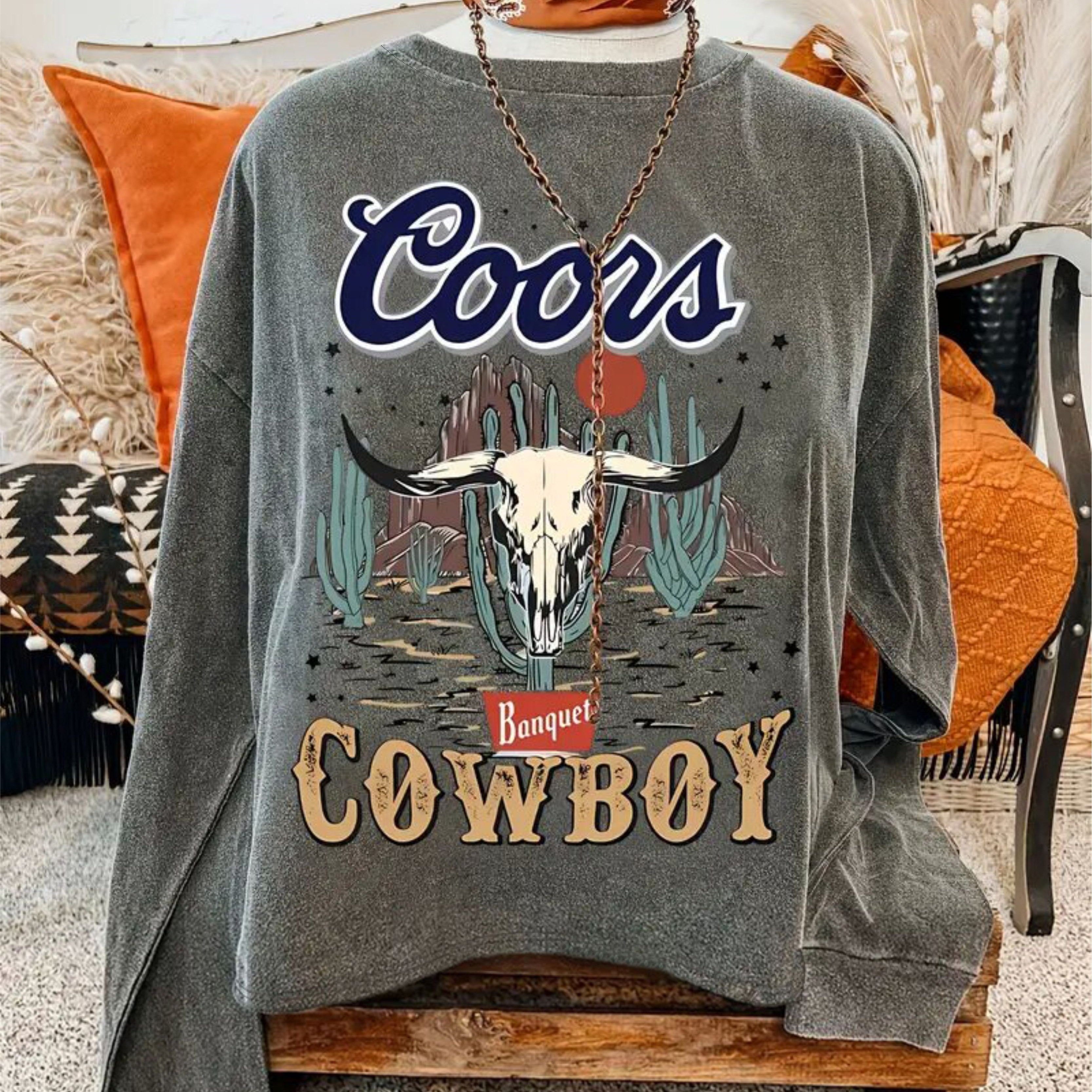 

Women's Long Sleeve Pullover Hoodie, Coors Cowboy Letter Print, Casual Round Neck, Polyester Knit Fabric, Fashion Sweatshirt For All