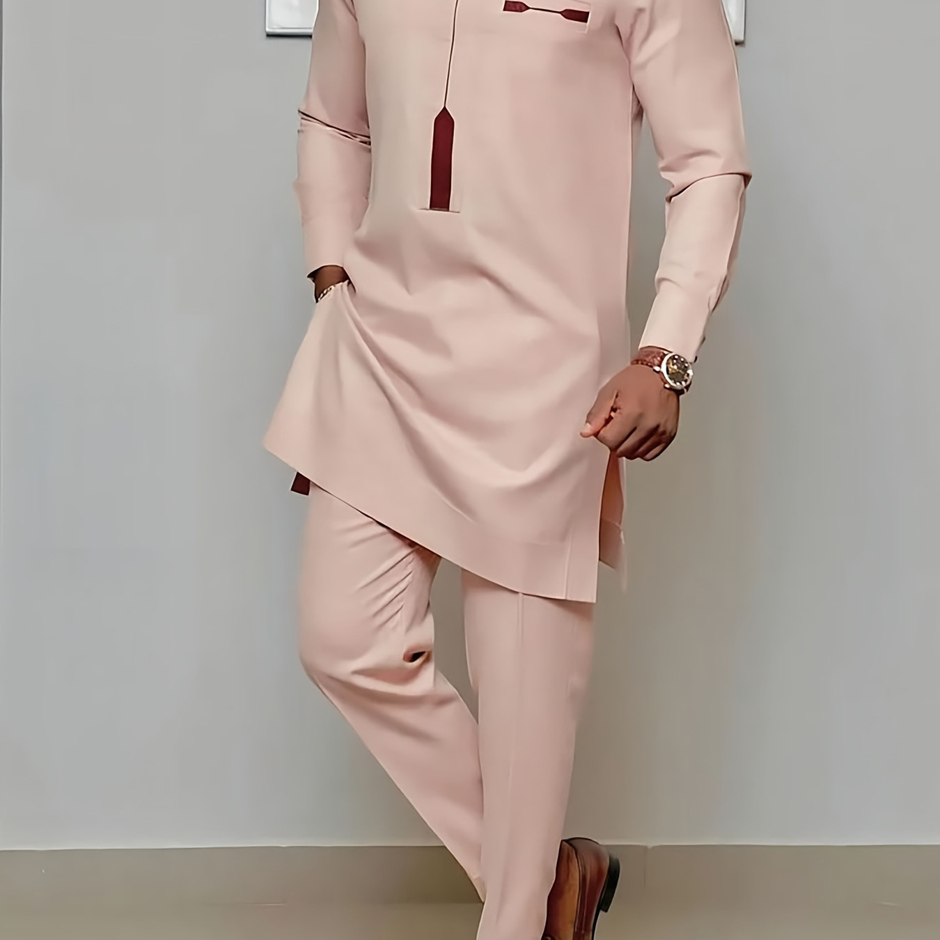 

African Men's Suit, Long-sleeved Top, Shoulder Zipper, Round Neck, Hem Slit, Pants, African Clothing, Plus Size Men's Suit, Men's Casual Shirt And Trousers 2pcs Set, Set, , Party, Wedding Outfit