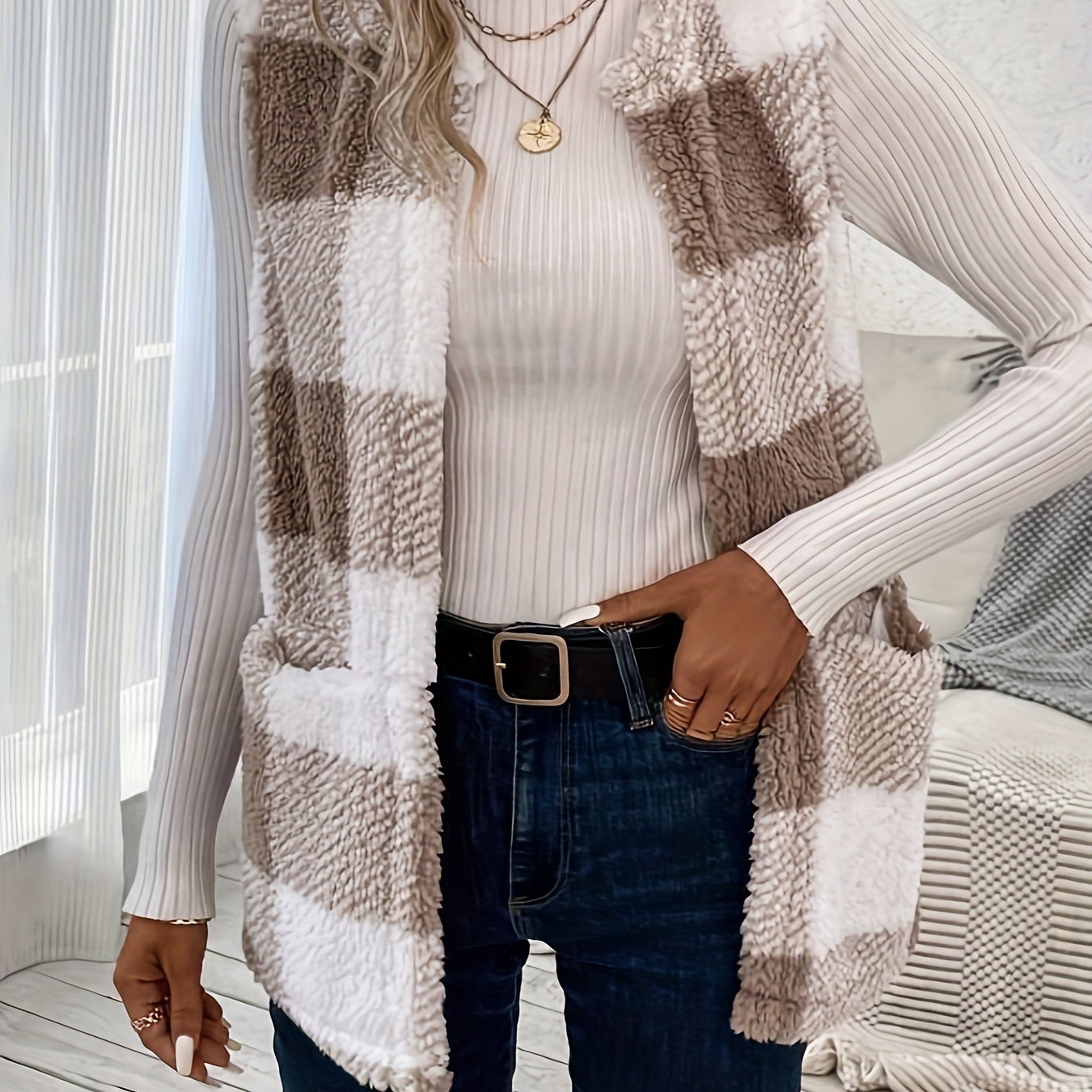 Plus Size Casual Jacket, Women's Plus Plaid Print Teddy Fleece Open Front Round Neck Vest Jacket