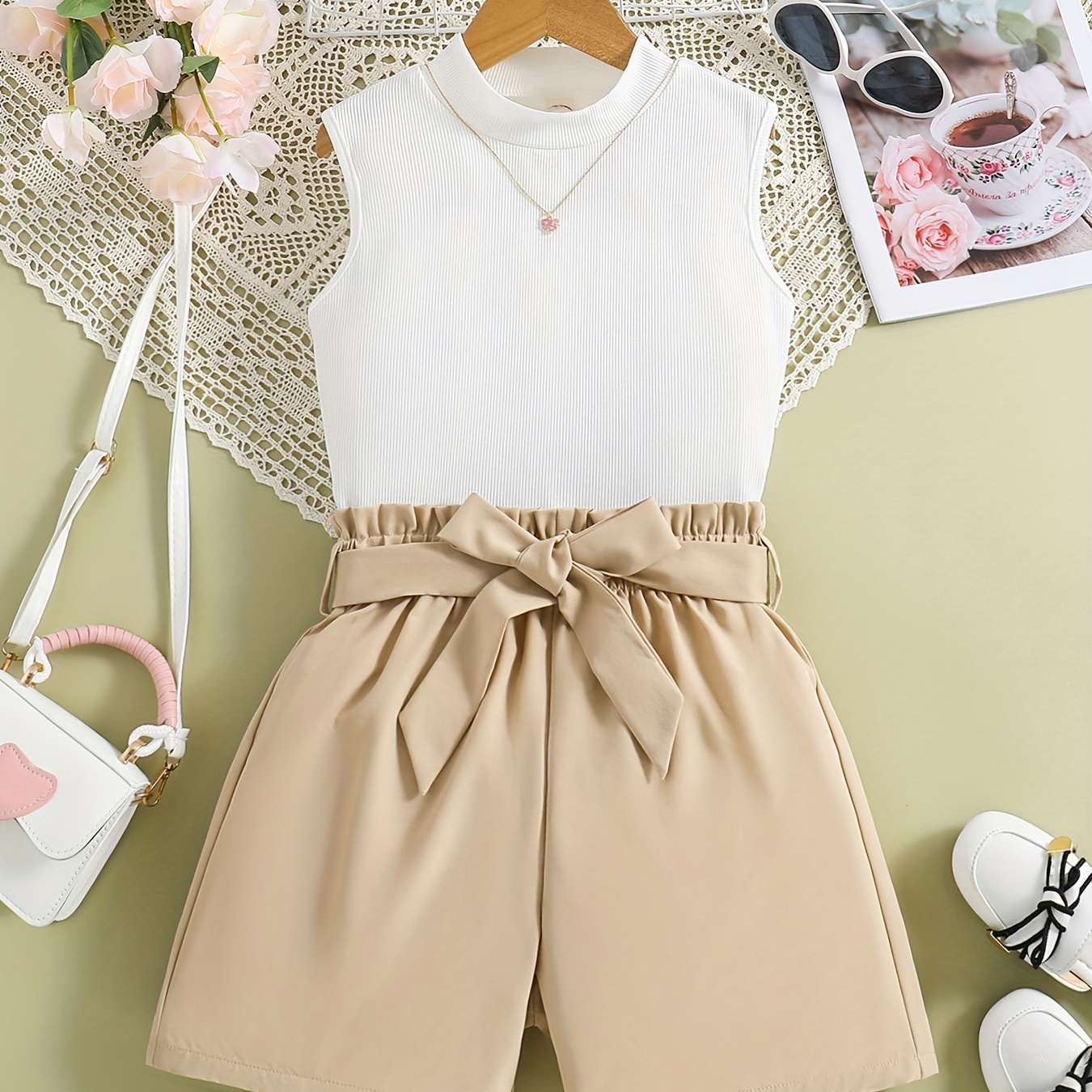 

Girl's 2pcs Ribbed Sleeveless Pullover Top + Belt Shorts Set Trendy 2-piece Summer Outfit For Girls