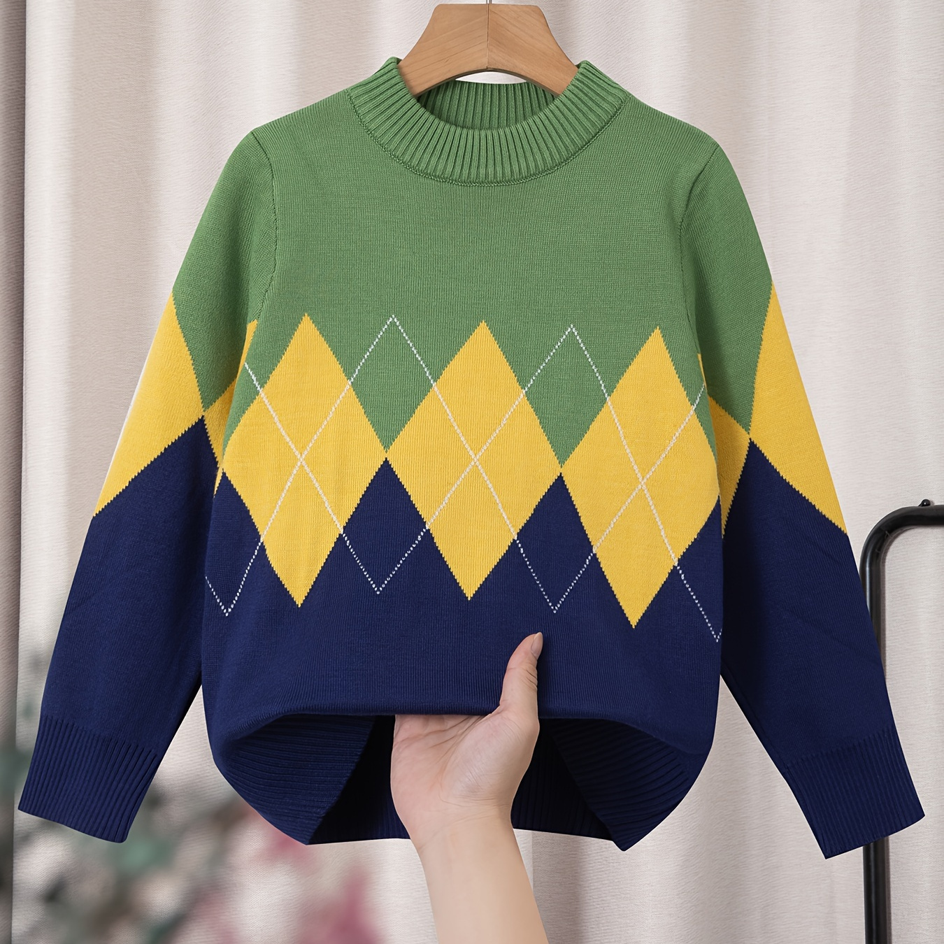 

Kid's Color Clash Argyle Jacquard Sweater, Preppy Style Cable Knit Long Sleeve Top, Boy's Clothes For Fall Winter, As Gift