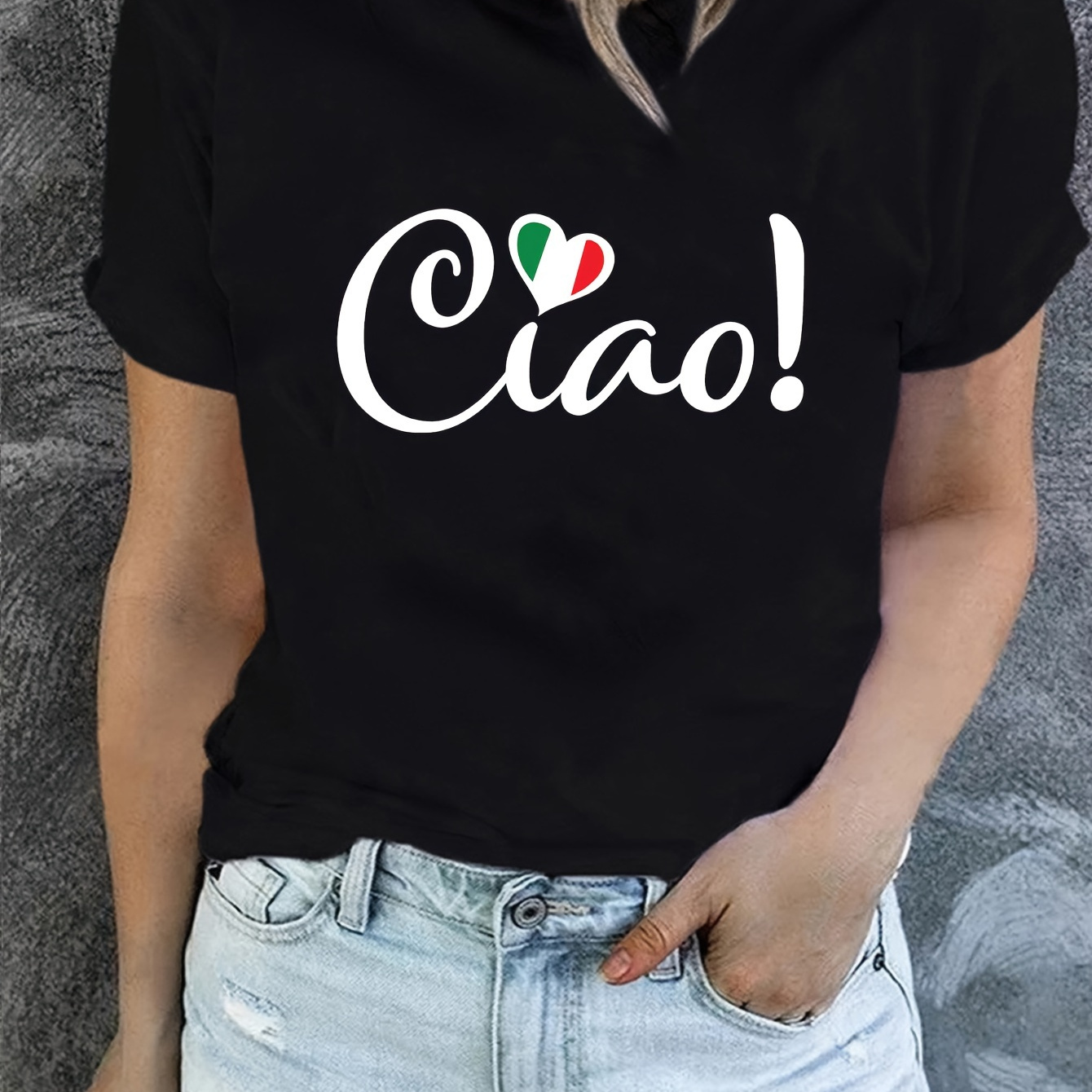 

T-shirt Ciao Print, haut décontracté à manches courtes et col rond pour l'été et le printemps, vêtements pour femmes.