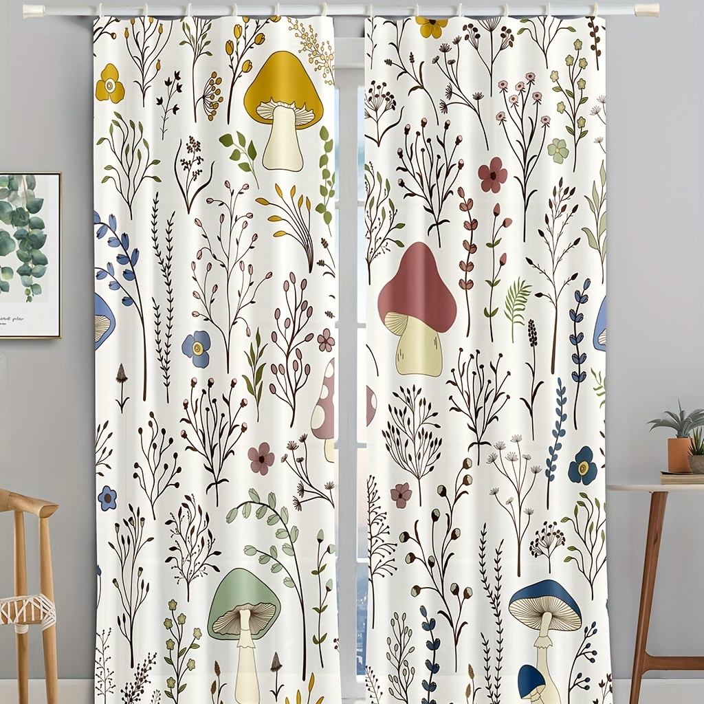 2pcs Mushroom Flower Pattern Curtains - Stylish and Elegant Window Drapes for Study, Bedroom, Kitchen, Living Room, and Playroom - Includes Free Accessories