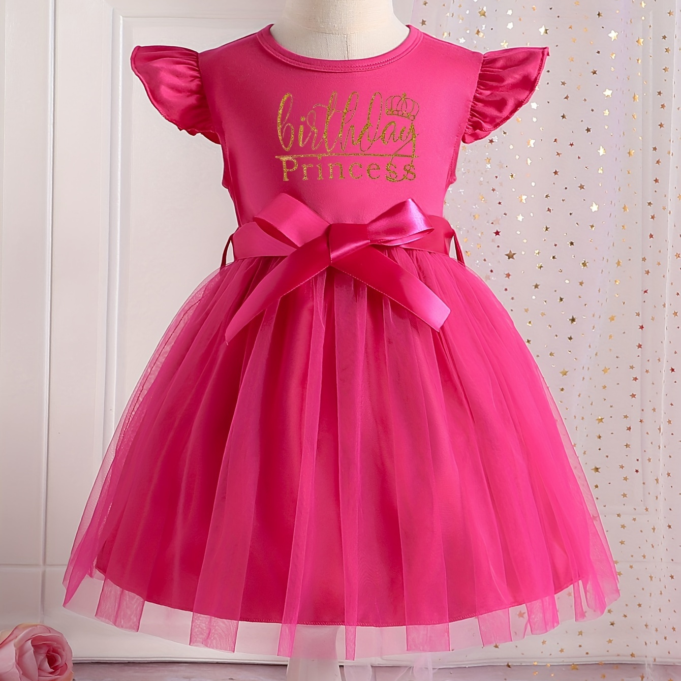 

Girls' Dress, Tulle Skirt With Birthday Princess Letter Print, Round Neck Cap Sleeve, Casual Style, With Waist Belt, For Party/festive Occasions