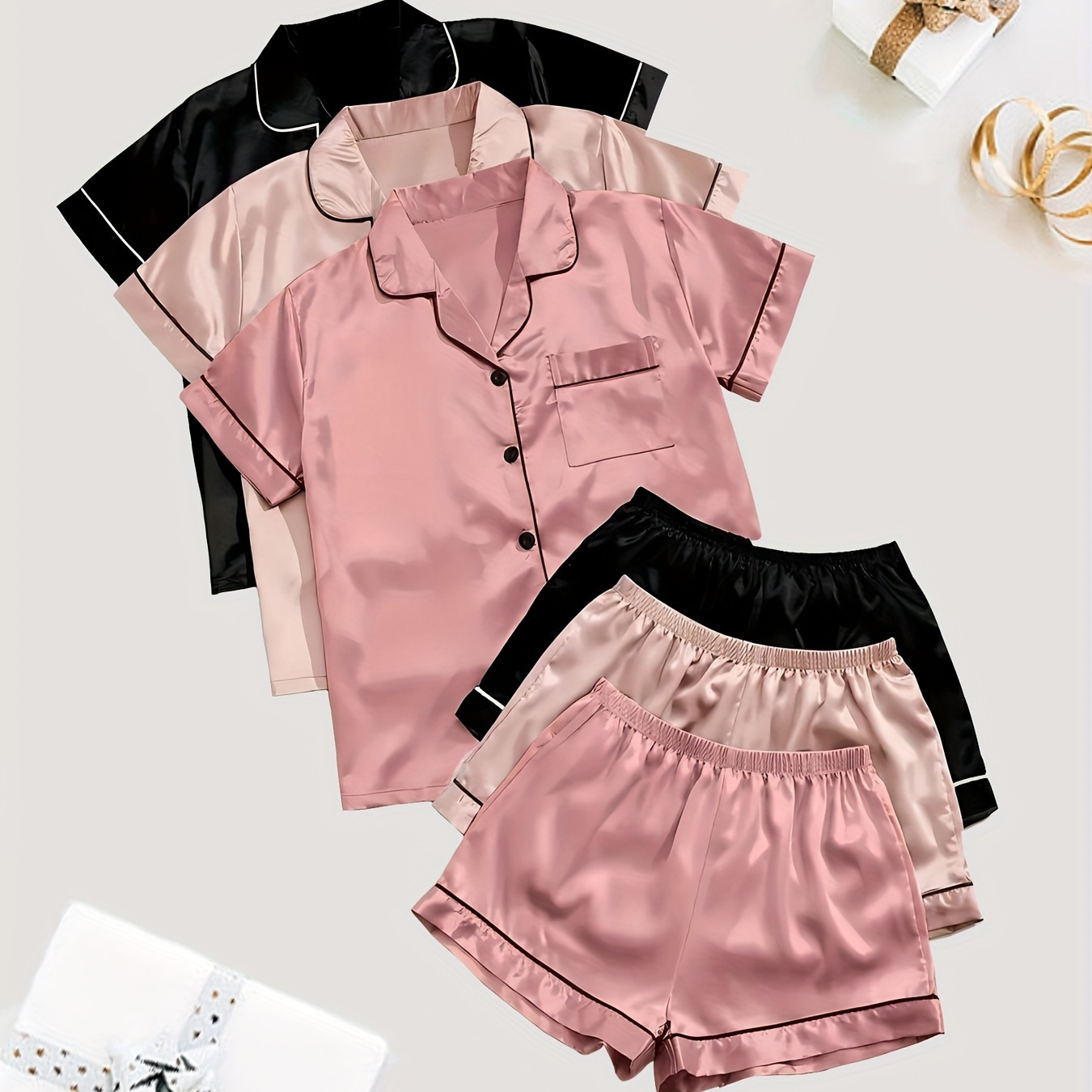 

3 Sets Solid Satin Pajama Set, Casual Short Sleeve Buttons Lapel Top & Elastic Shorts, Women's Sleepwear