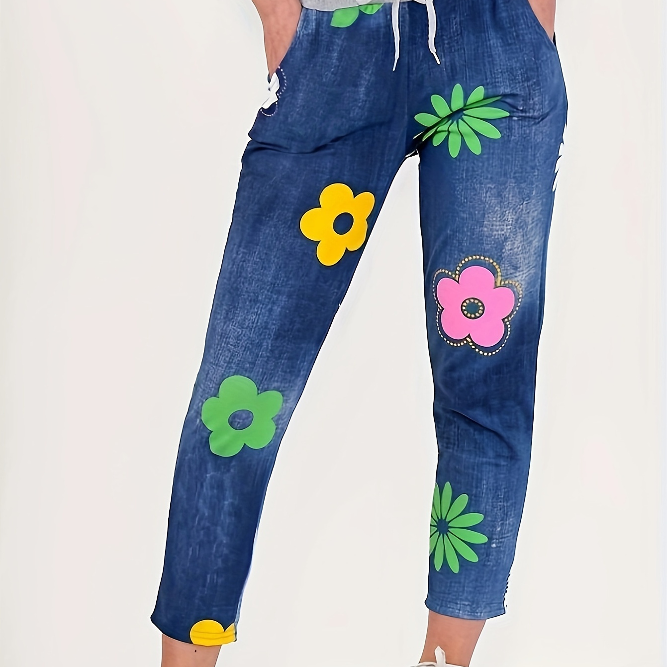 

Denim Floral Print Slim Pants, Casual Drawstring Waist Slant Pockets Pants For , Women's Clothing