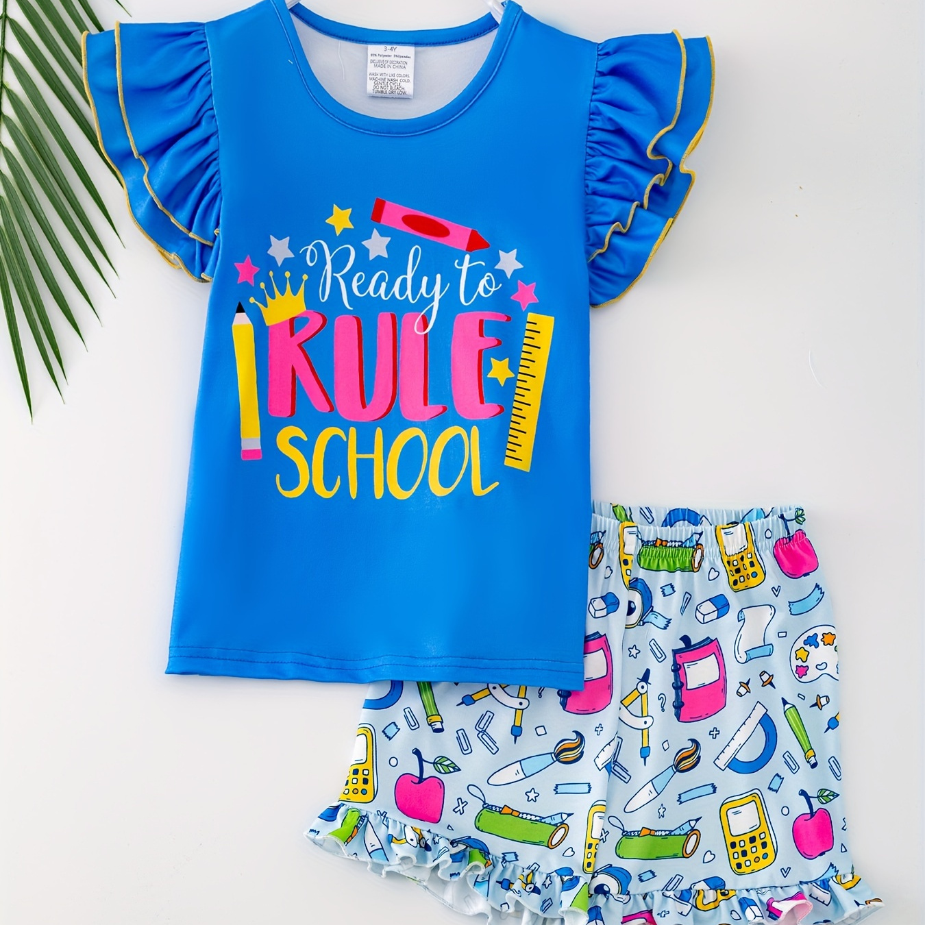 

2pcs, Ready To Rule School Print Frill Sleeve Crew Neck T-shirt + Cartoon Stationary Pattern Shorts Set For Girls, Homecoming Day Suit Holiday Set Summer Gift
