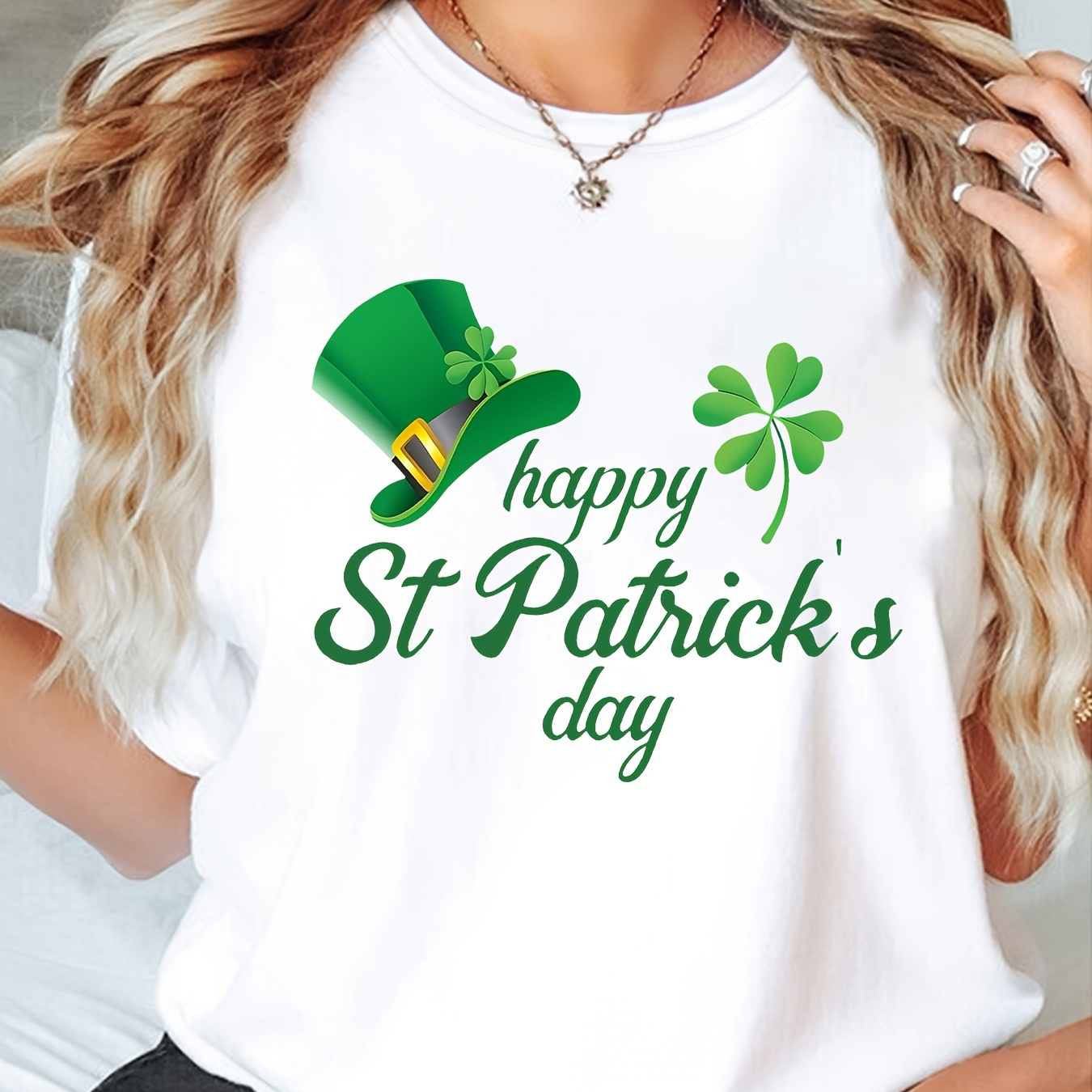 

Women's "happy 's Day" Graphic T-shirt - White Crew Neck With Green Hat & Shamrock Design, Casual Short Sleeve Top For Spring/summer, Stretchy Polyester , Ladies T Shirts