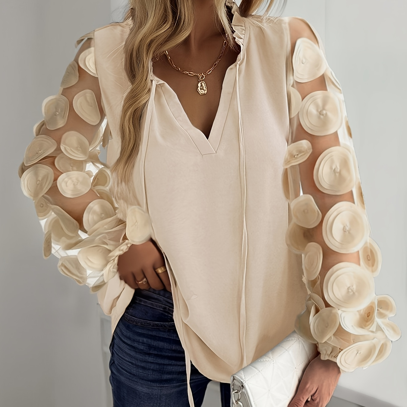 

Women's Elegant Oversized Polyester Shirt With Round Patchwork And Contrast Mesh Detail, Long Lantern Sleeves, Notched Collar, Pullover , Top For Night Out - 100% Polyester, 150 G/m²