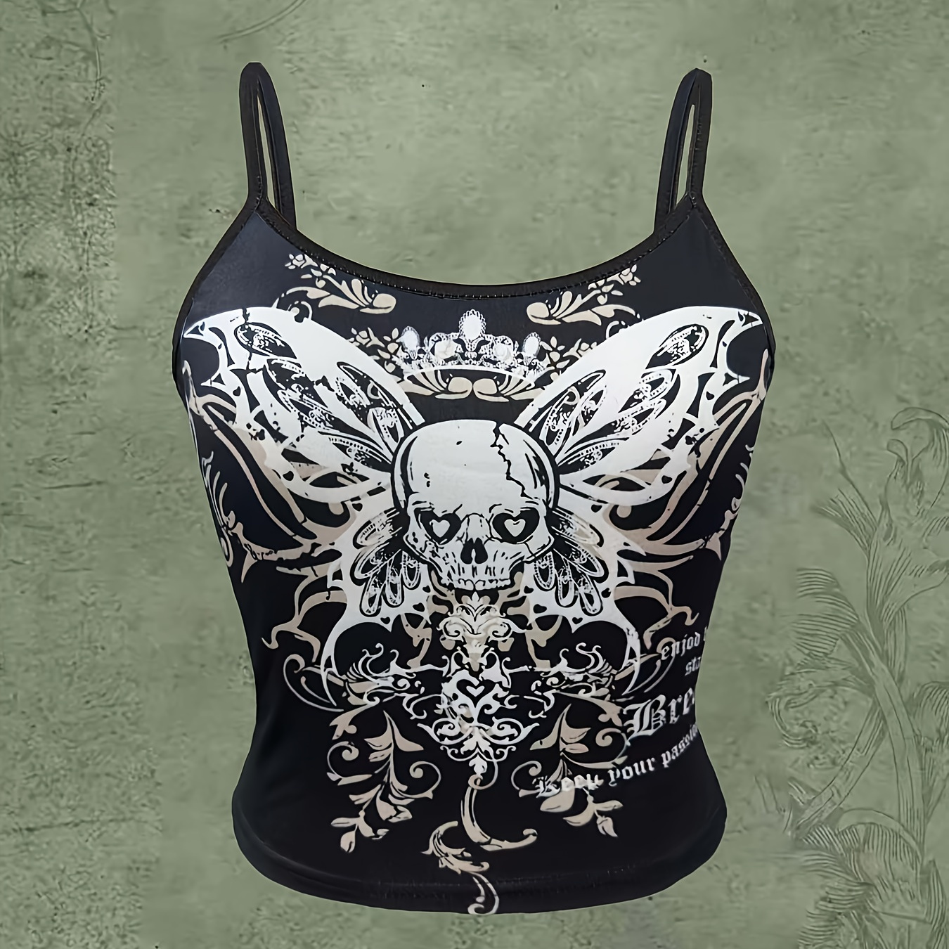 

Skull Print Spaghetti Trap Top, Y2k Sleeveless Crop Top For Spring & Summer, Women's Clothing