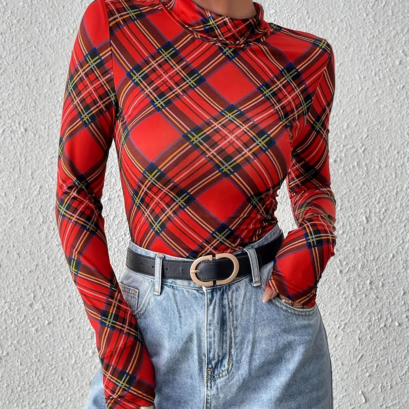 

Women's Tartan Print High Neck Long Sleeve T-shirt, Casual Knit Polyester , Regular Length Slim Fit Top For All