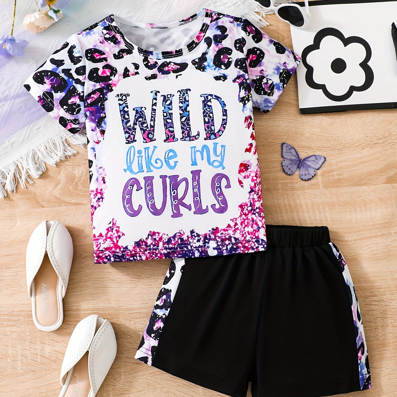 

Baby's "wild Like My Curls" Print 2pcs Casual Summer Outfit, Leopard Pattern T-shirt & Shorts Set, Toddler & Infant Girl's Clothes For Daily/holiday/party