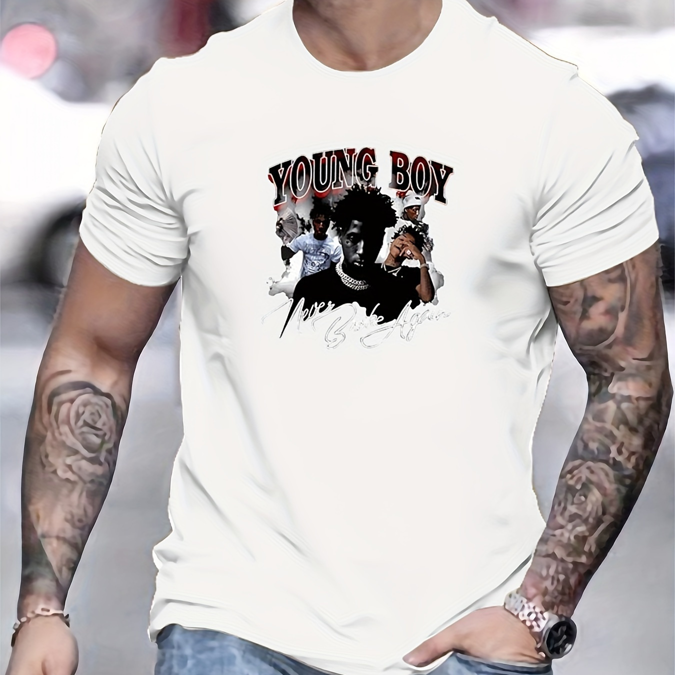 

Young Boy Graphic Print Men's Crew Neck Short Sleeve Tees, Pure Cotton T-shirt, Casual Comfortable Versatile Top For Summer