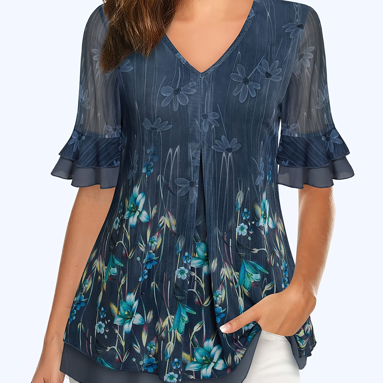 

Print V-neck Blouse With Ruffle Sleeves - Casual Loose Fit, Semi-sheer Mesh Pleated Shirt For All