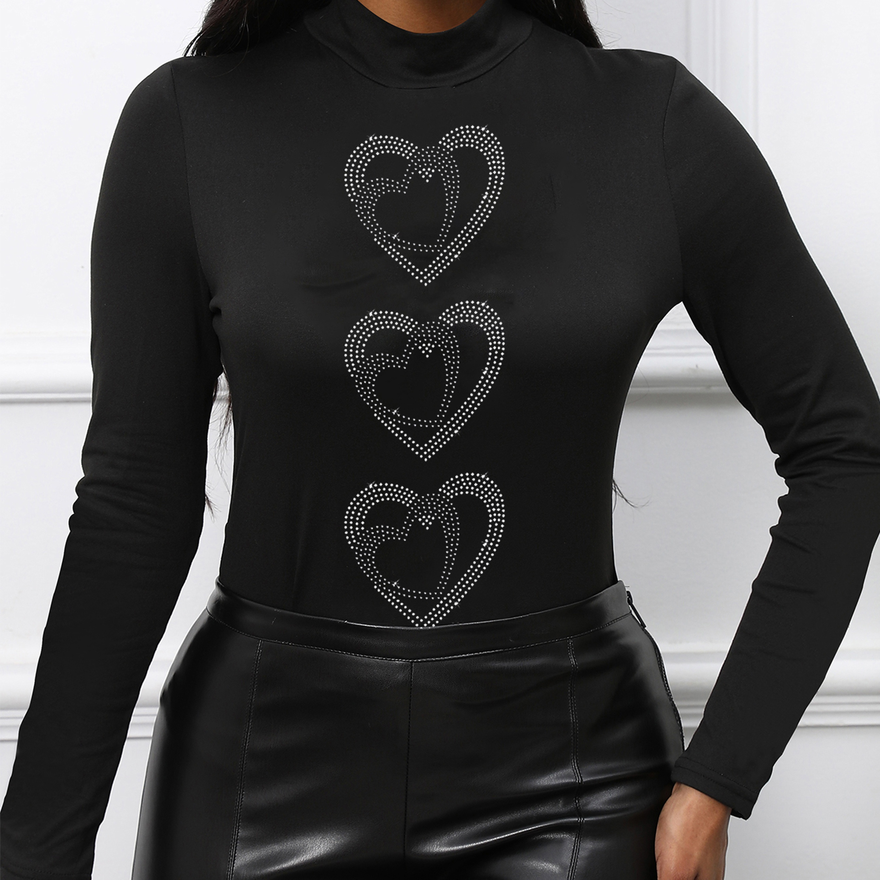 

Heart Pattern Mock Neck T-shirt, Casual Long Sleeve Top For Spring & Fall, Women's Clothing