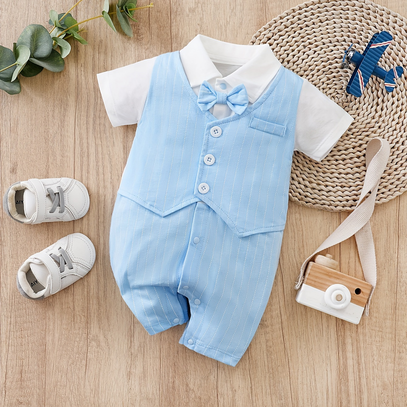 

Cute Gentleman Style Infant's Cotton Bodysuit, Faux Three-piece Short Sleeve Romper, Baby Boy's Clothing