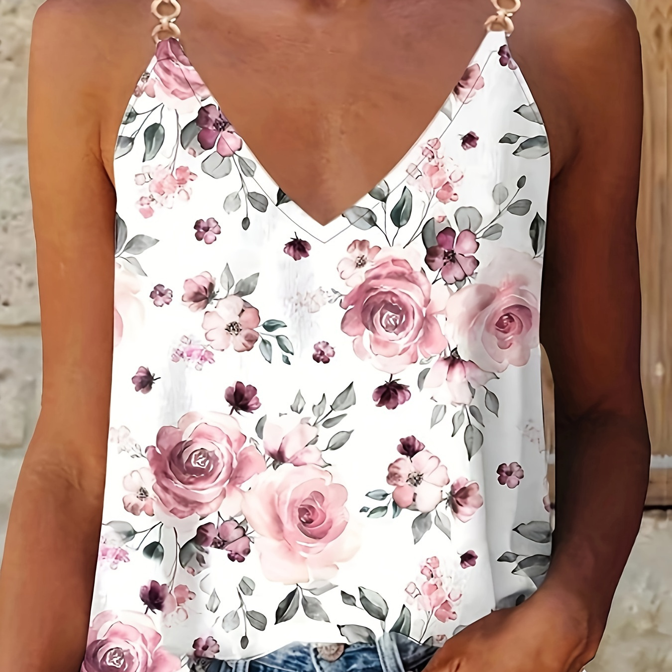

Plus Size Floral Print Cami Top, V Neck Sleeveless Top For Summer, Women's Plus Size clothing