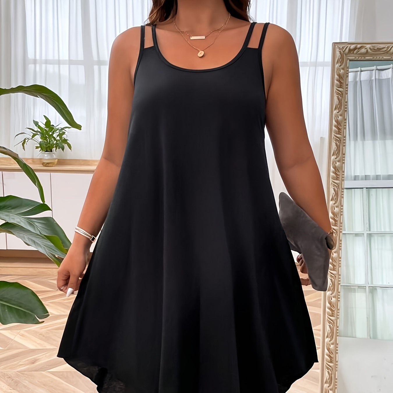

Plus Size Solid Irregular Hem Cami Dress, Elegant Sleeveless Dress For Spring & Summer, Women's Plus Size Clothing