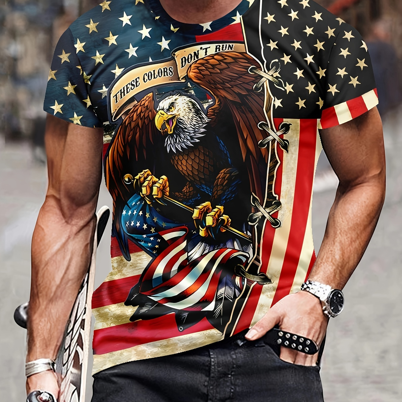 

American Flag And Eagle Graphic Pattern Men's Chic Short Sleeve Crew Neck T-shirt, Summer Outdoor