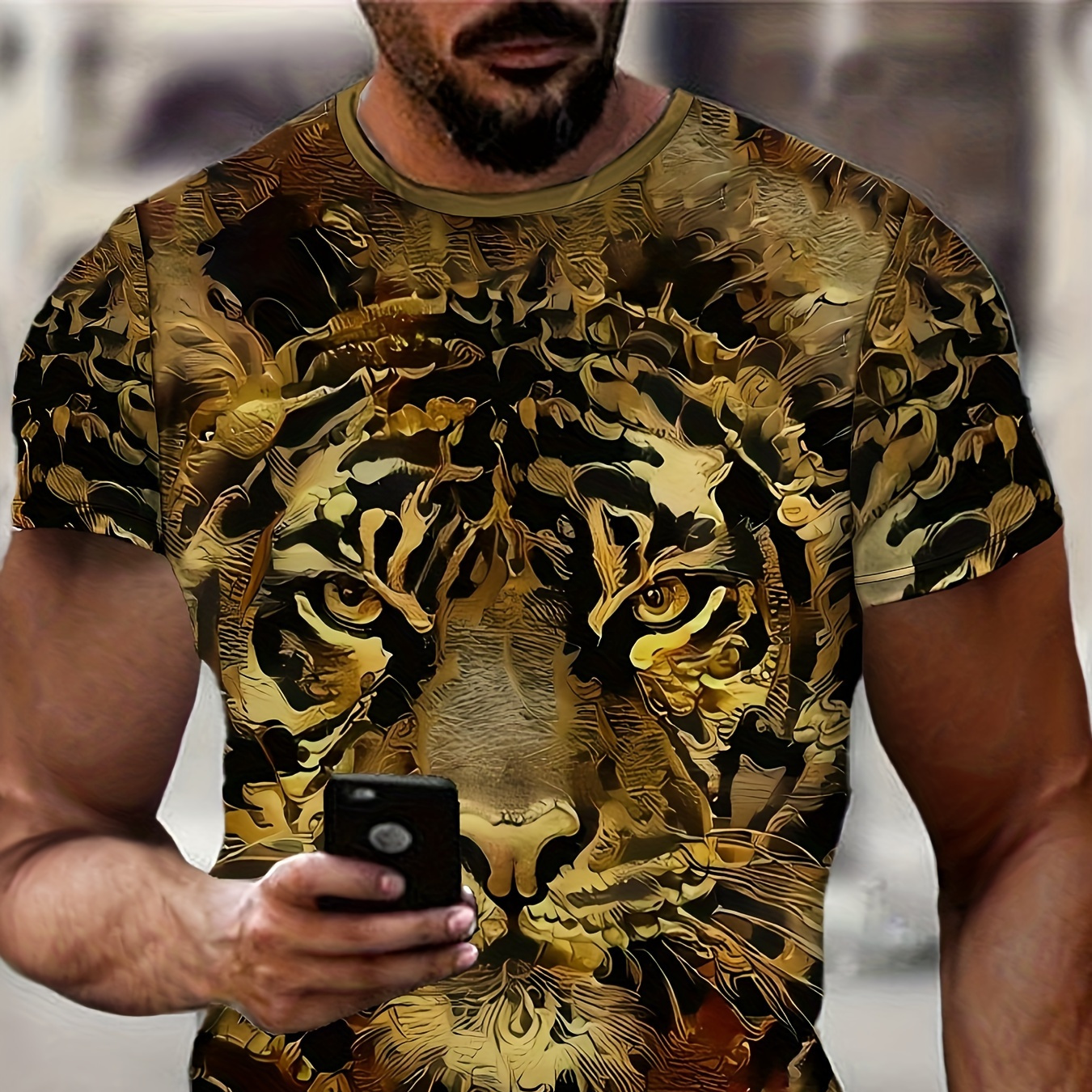 

Men's 3d Tiger Print Short Sleeve T-shirt, Casual Crew Neck Polyester Tee, Summer Knit Fabric Top With Regular Fit - Middle