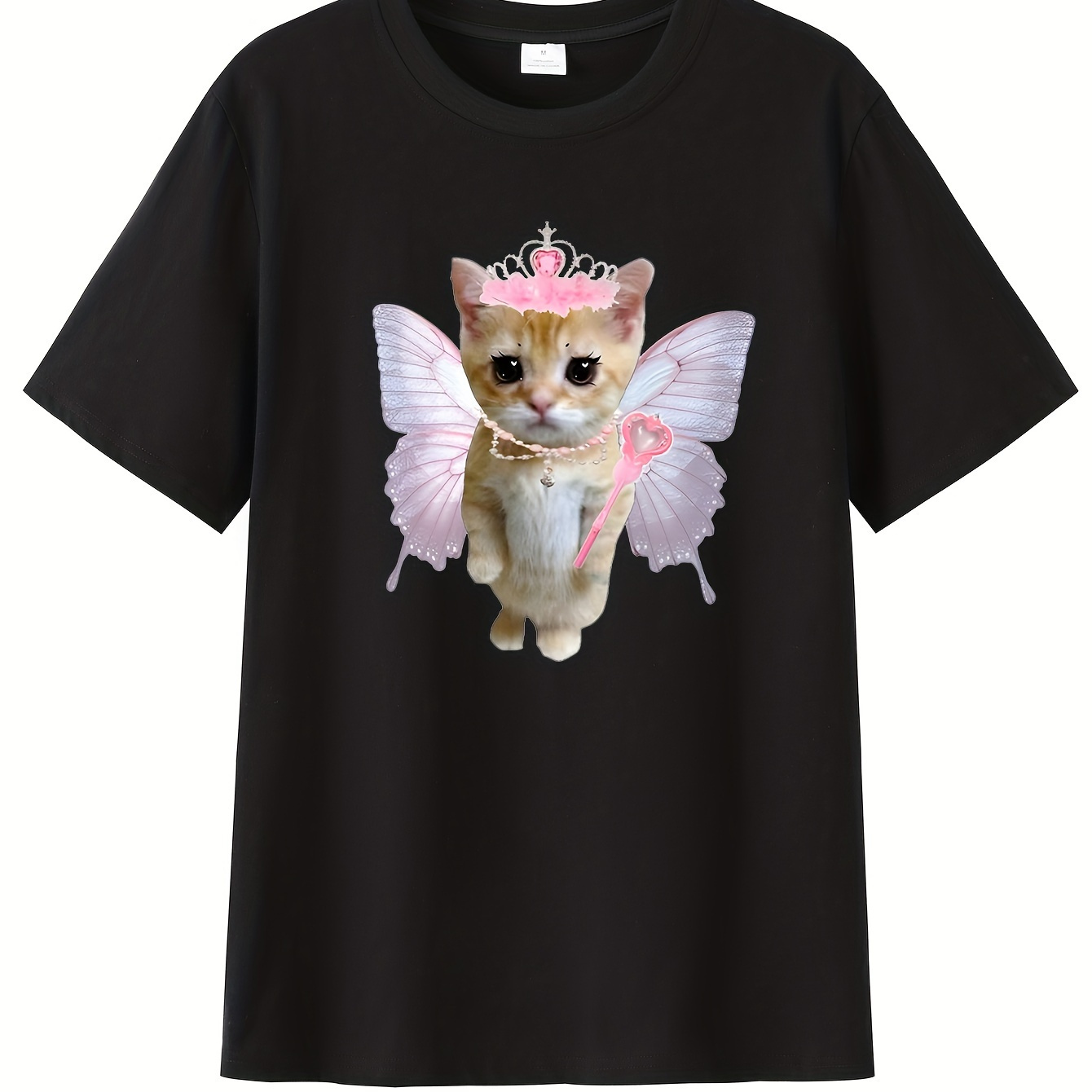 

Cute Kitten Fairy Graphic Print, Men's Crew Neck Short Sleeve Summer T-shirt, Casual Comfy Fit Top For Daily And Outdoor Wear, Cat Lovers T-shirt