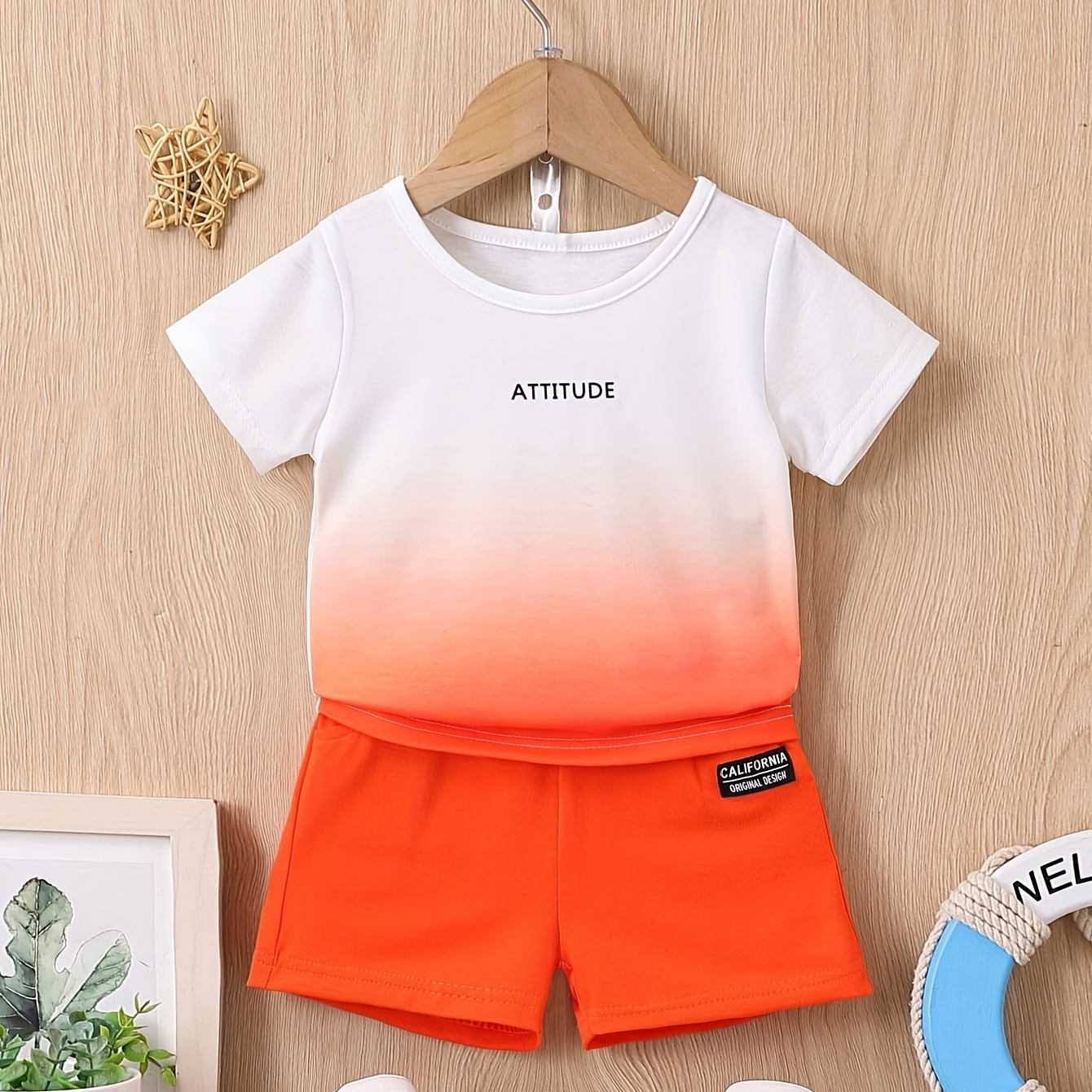 

2-piece Toddler Girls Boys Fashion Casual Set, Cute Gradient Short Sleeve T-shirt With Matching Solid Orange Shorts For Everyday Wear