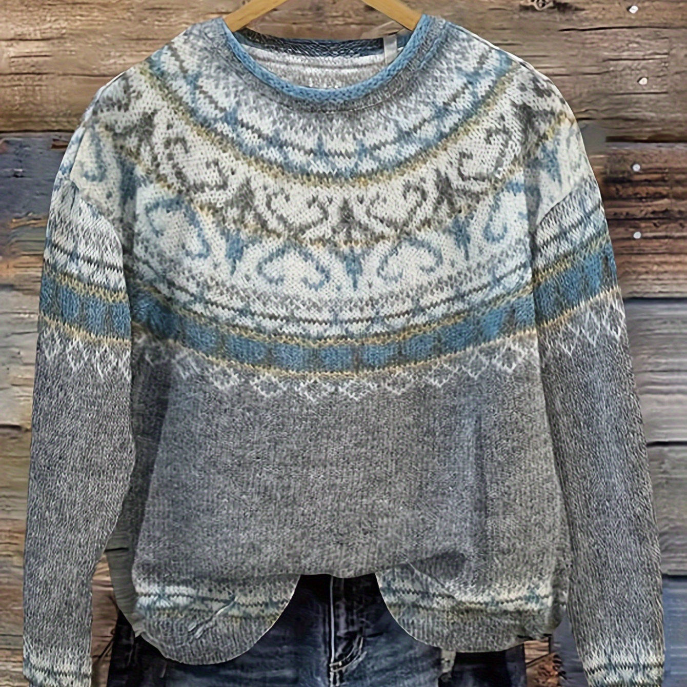 

Geo Pattern Faire Isle Sweater, Vintage Crew Neck Long Sleeve Sweater For Fall & Winter, Women's Clothing