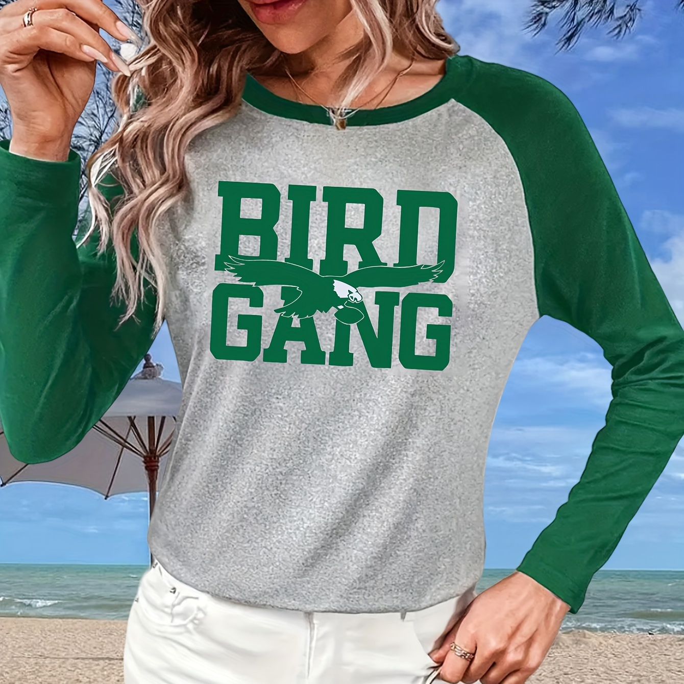 

Women's Casual Crew Neck Long Sleeve T-shirt With "bird Gang" Applique, Polyester Knit Fabric Top With Spandex, Regular Fit Alphabet Pattern Tee For