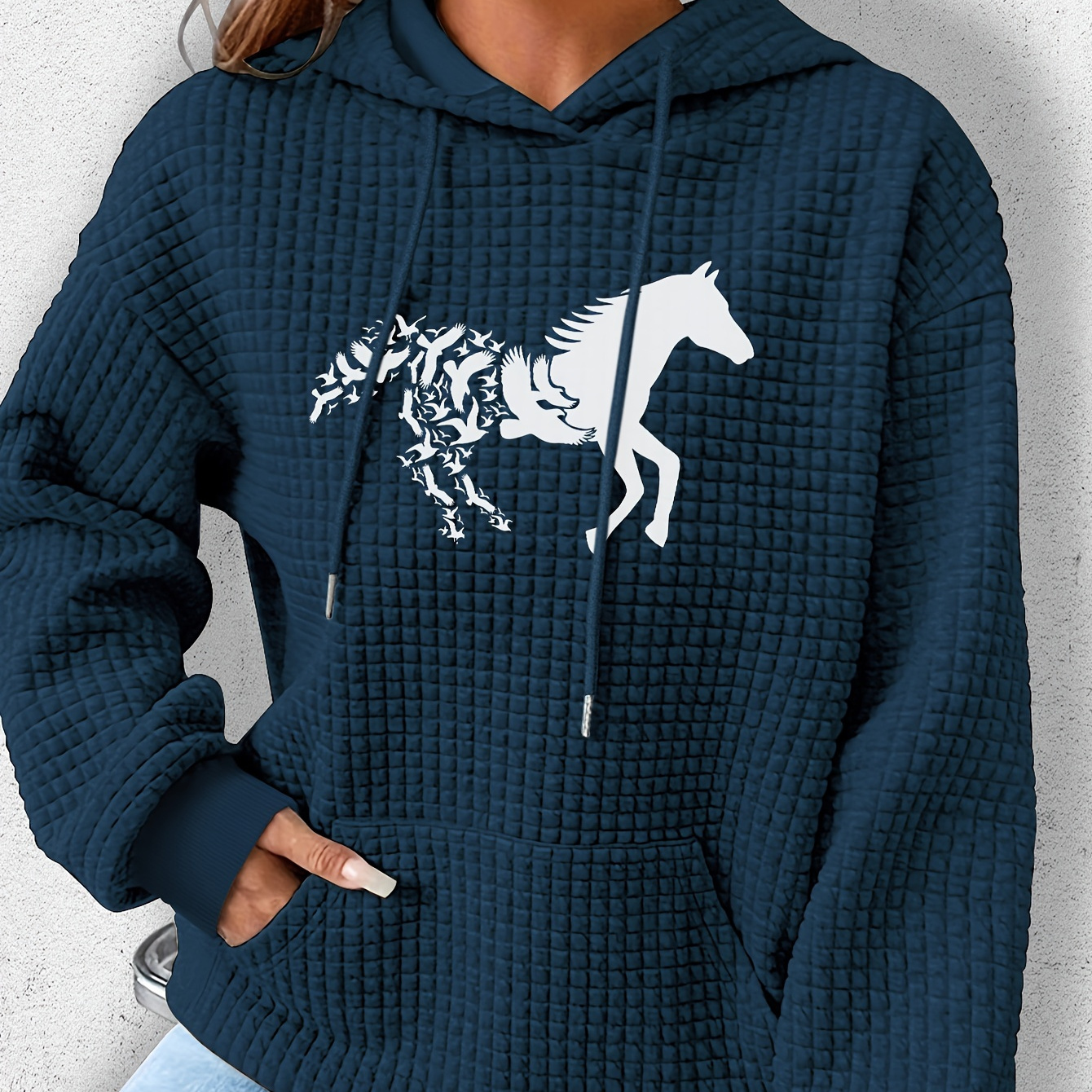 

Horse Print Waffle Hoodie, Drawstring Kangaroo Pocket Casual Hooded Sweatshirt For Fall & Spring, Women's Clothing