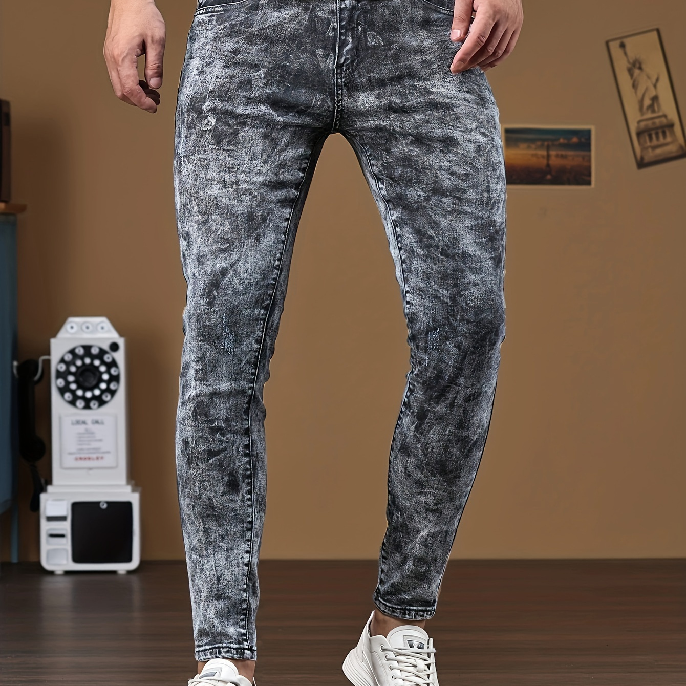 

Men's Chic Skinny Jeans, Men's Casual Street Style Distressed Stretch Denim Pants