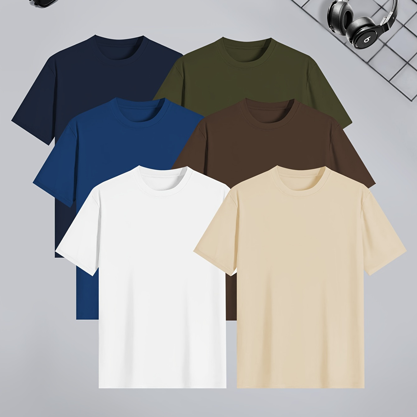 

6pcs Set Of Men' Solid Color Short Sleeve T-shirts