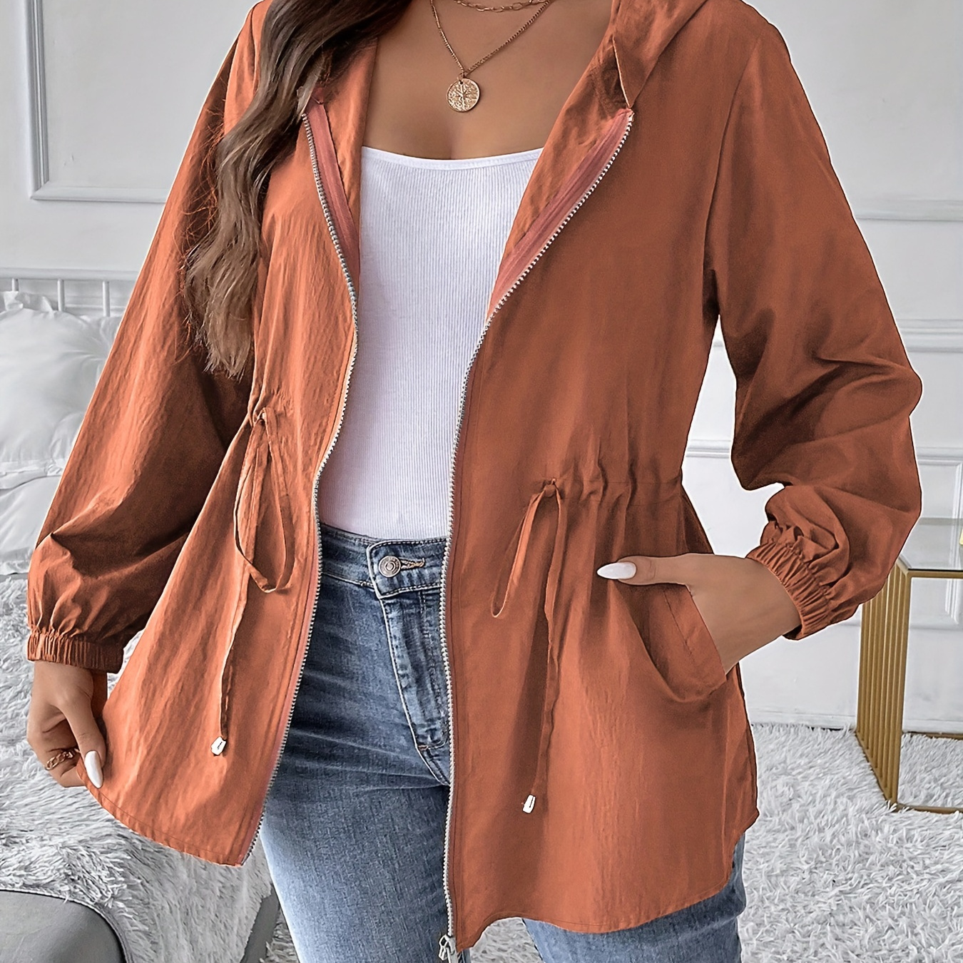 

Plus Size Solid Zipper Front Drawstring Waist Coat, Casual Side Pockets Long Sleeve Hooded Coat For Winter & Fall, Women's Plus Size Clothing