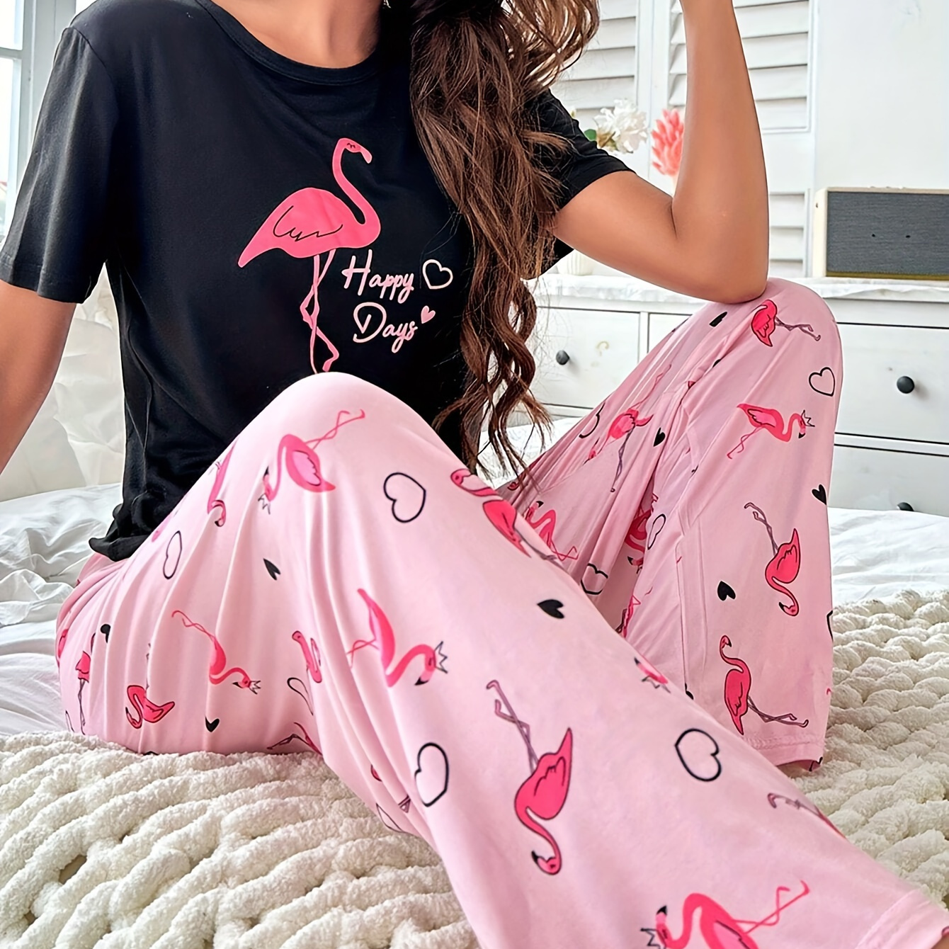 

Women's Flamingo & Slogan Print Casual Pajama Set, Short Sleeve Round Neck Top & Pants, Comfortable Relaxed Fit