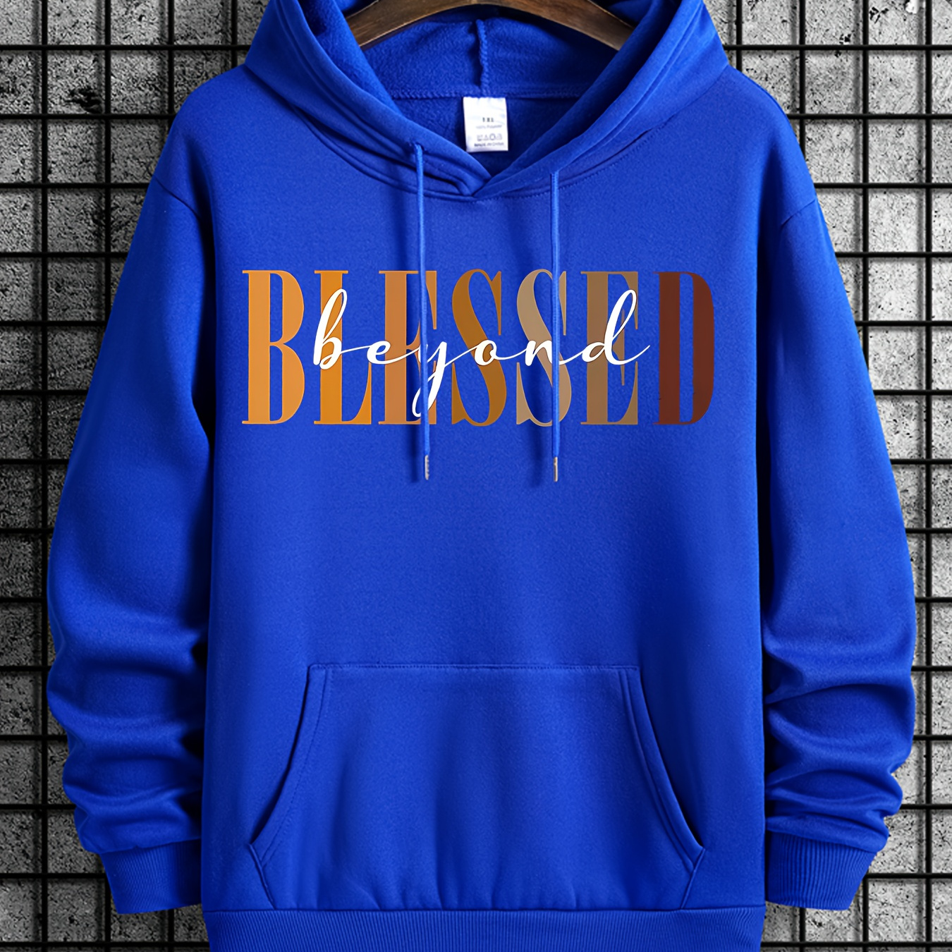 

Plus Size Men's Blessed Print Long Sleeve Hoodies, Warm Drawstring Hooded Sweatshirt, Comfy Clothing For Outdoor Activities