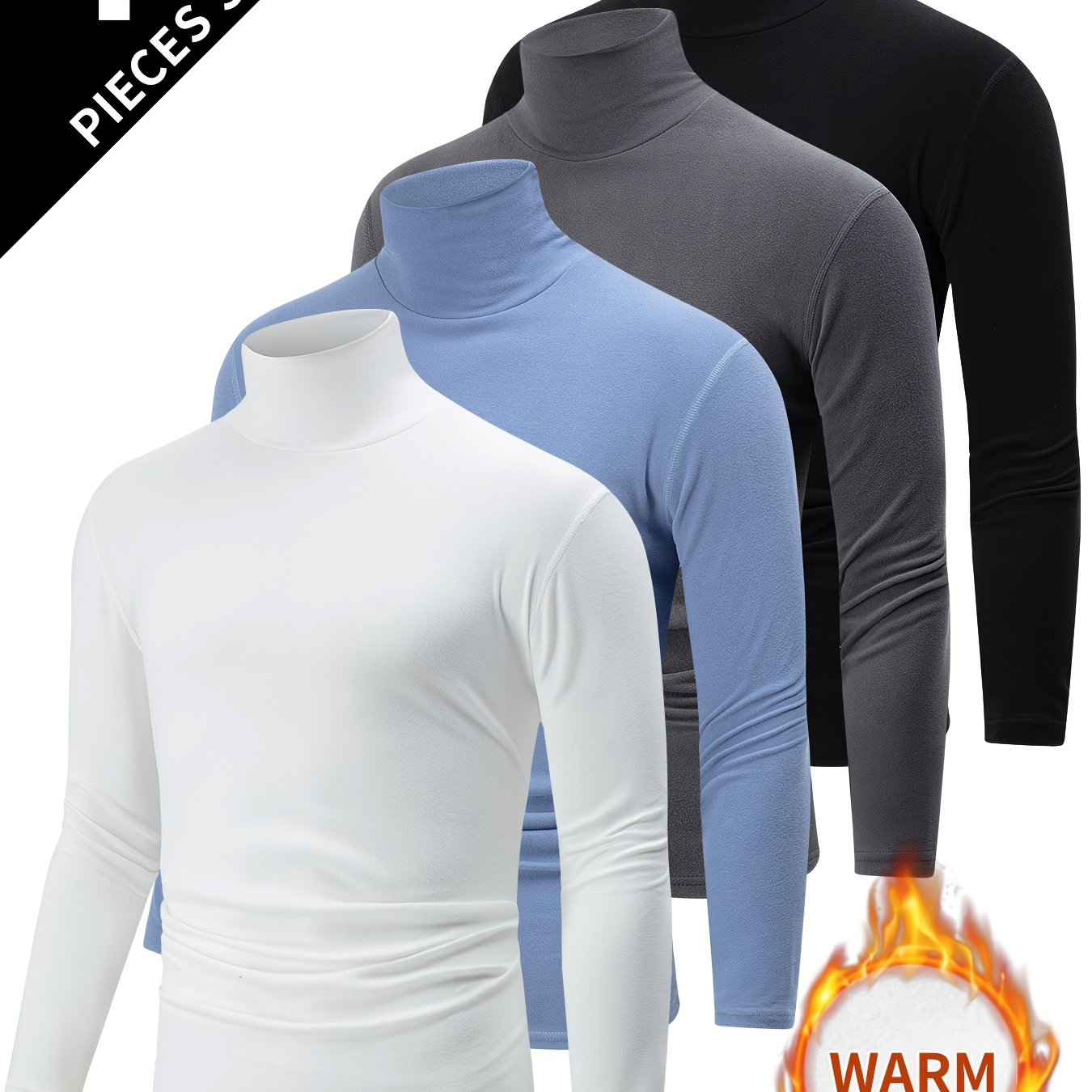 

4-pack Men's Crew Neck Long Sleeve T-shirts - Casual Polyester Knit Fabric, Solid Color, , Medium Stretch, Warm Fleece-lined Tops For Autumn And Winter,