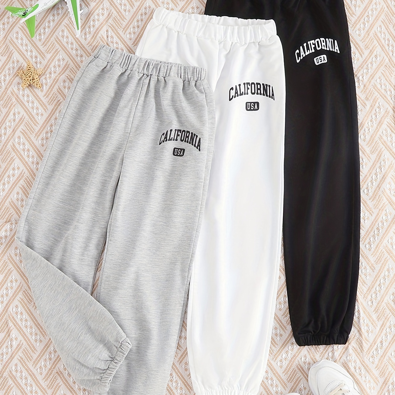 

3-piece Set Girl's Sports Pants, Elastic Waist Casual Sweatpants With ''california'' Print