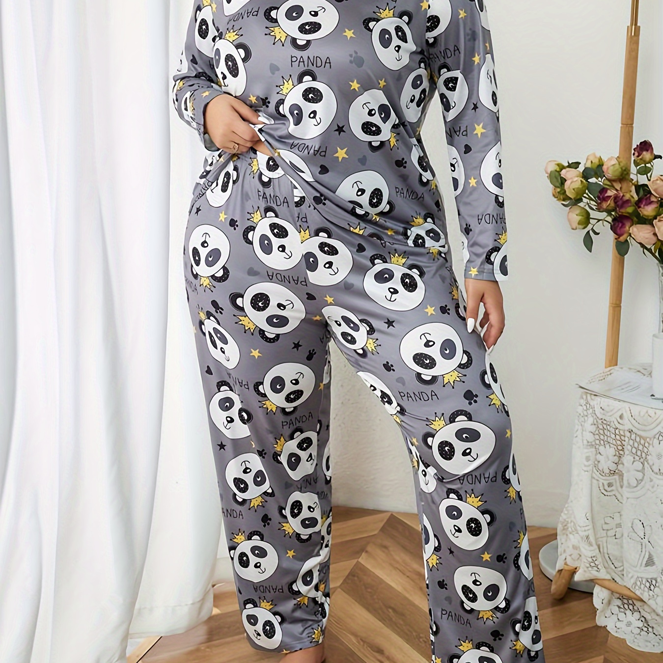 

Women's Casual Pajama Set, Plus Size Cute Panda & Star Print Long Sleeve Round Neck Top & Pants Sleepwear 2 Piece Set