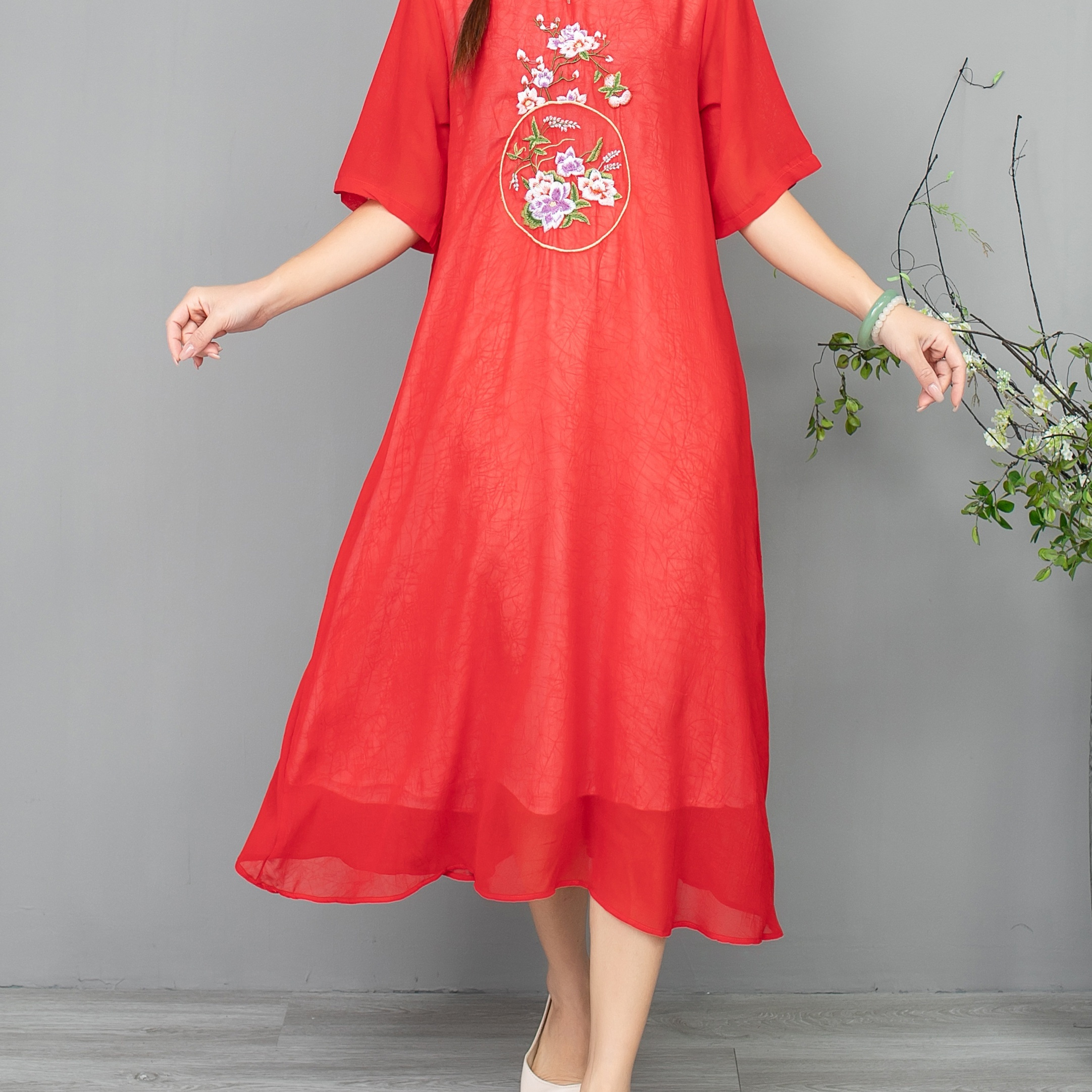 

Embroidered Mock Neck Dress, Elegant Short Sleeve Dress For , Women's Clothing