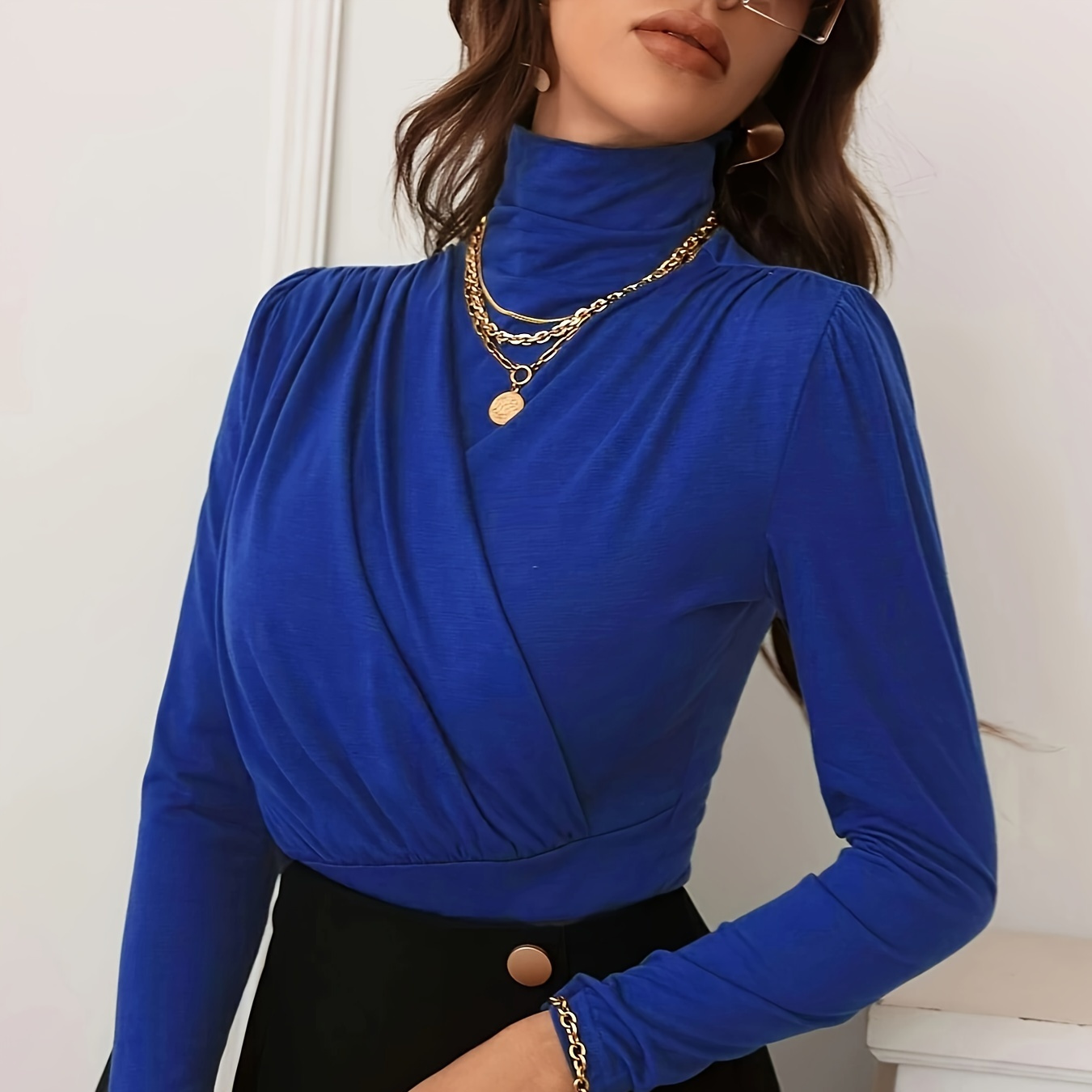 

Solid Turtleneck Pleated Top, Versatile Long Sleeve Slim Top For Spring & Fall, Women's Clothing