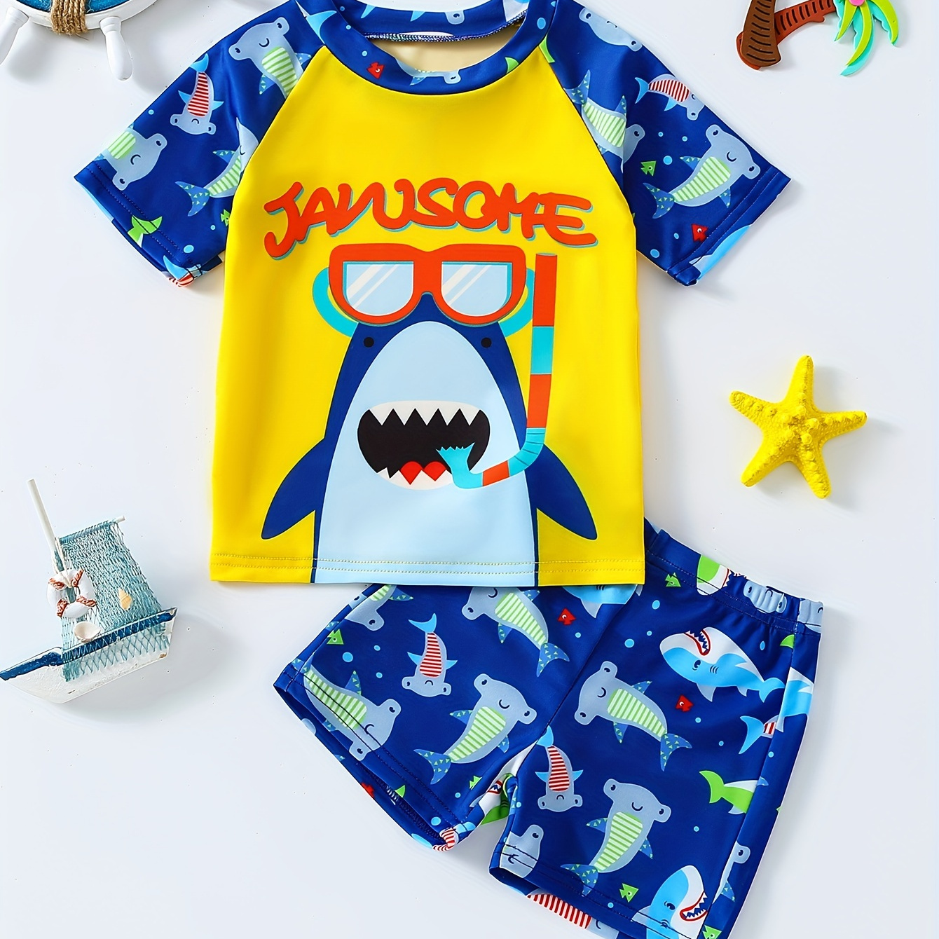 

2pcs Cartoon Shark Pattern Swimsuit For Boys, T-shirt & Swim Trunks Set, Stretchy Surfing Suit, Boys Swimwear For Summer Beach Vacation