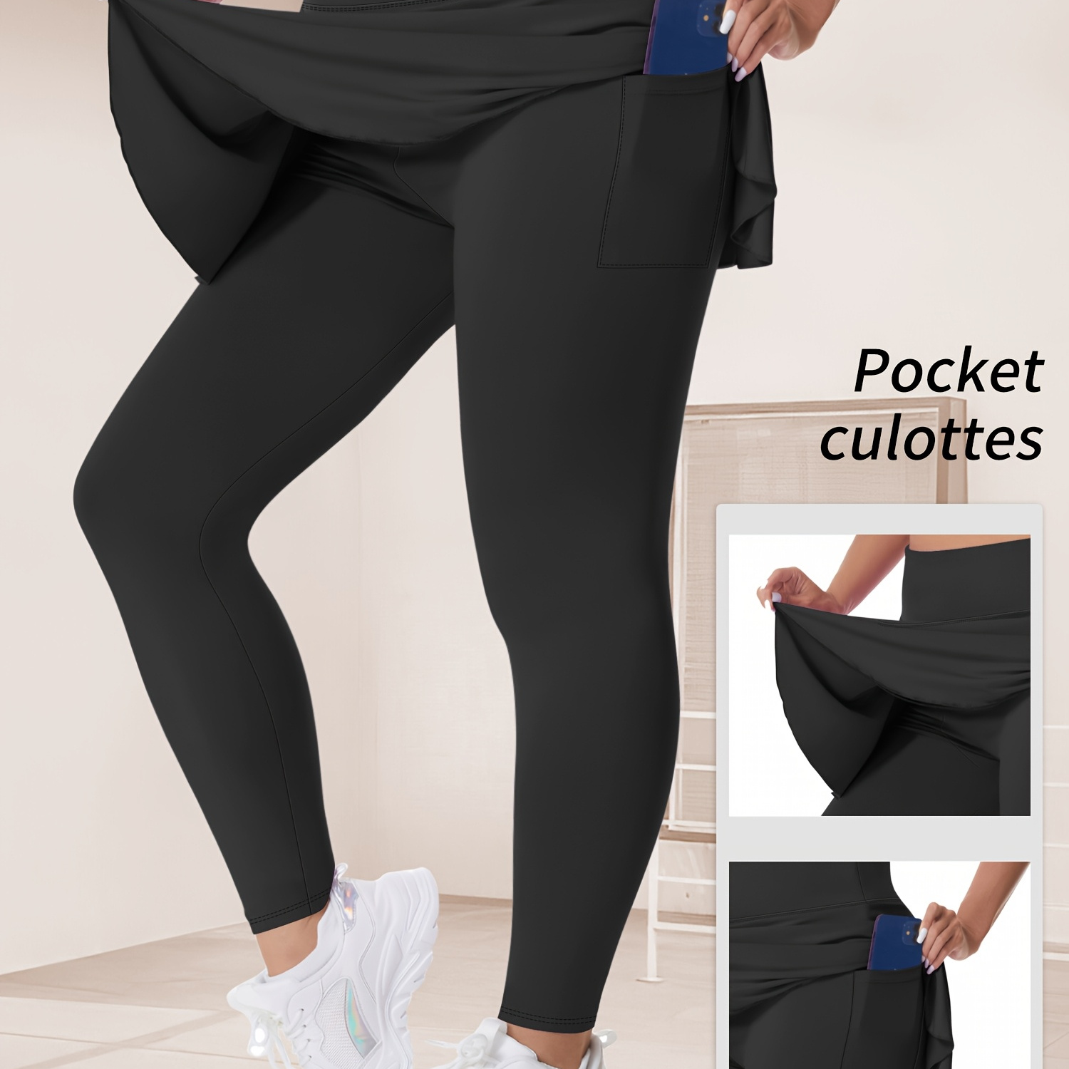 

Plus Size Sports Leggings, Women's Plus Solid Skirted Running Yoga Leggings With Pockets Spring/autumn