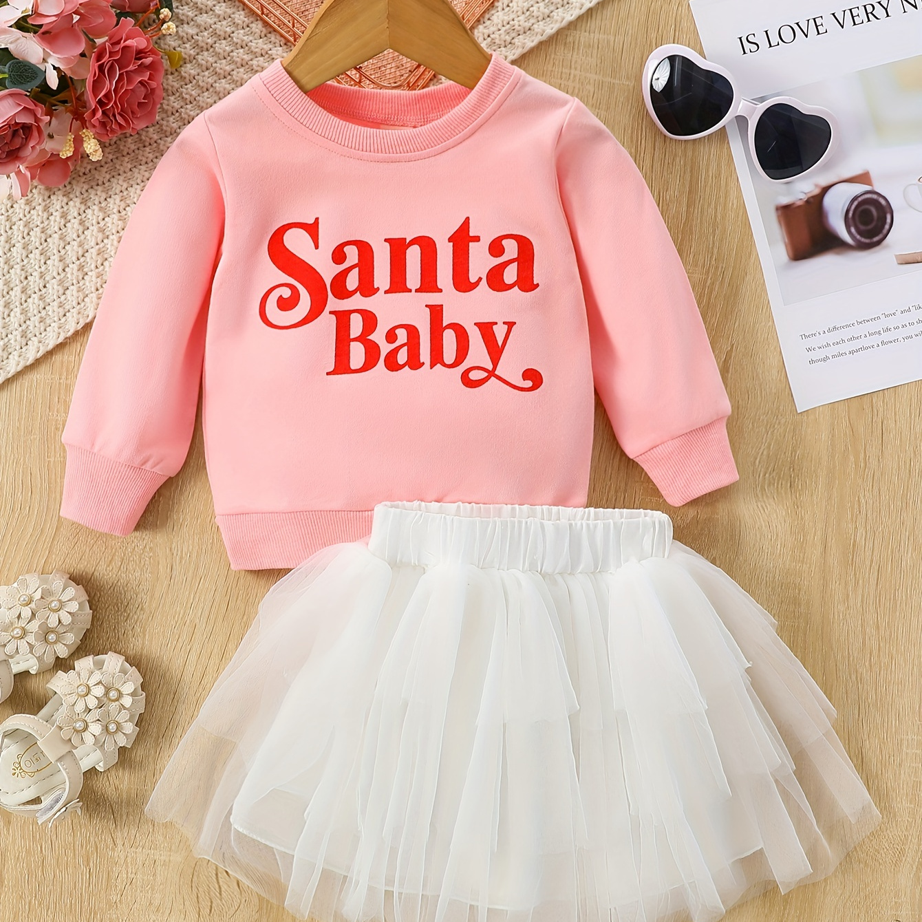 

Toddler Baby Girl Christmas Cute Outfits, Long Sleeve Santa Baby Print Sweatshirt Top Mesh Tulle Tutu Skirt 2pcs Outfits Set