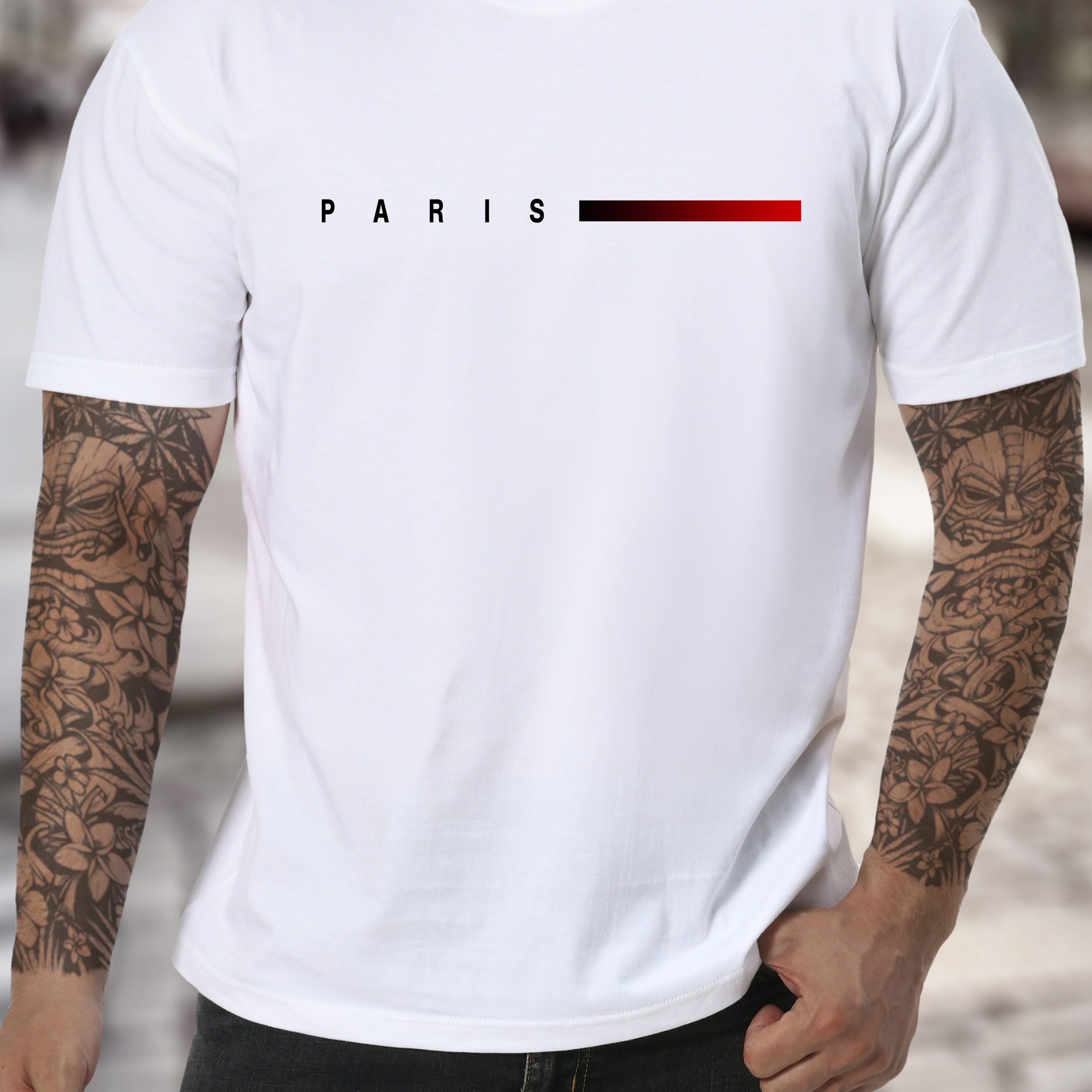 

Paris Alphabet Print Men's Summer T-shirt, Simple Breathable Comfy Top, Casual Crew Neck Short Sleeve T-shirt For Sports Activities & Daily Commute